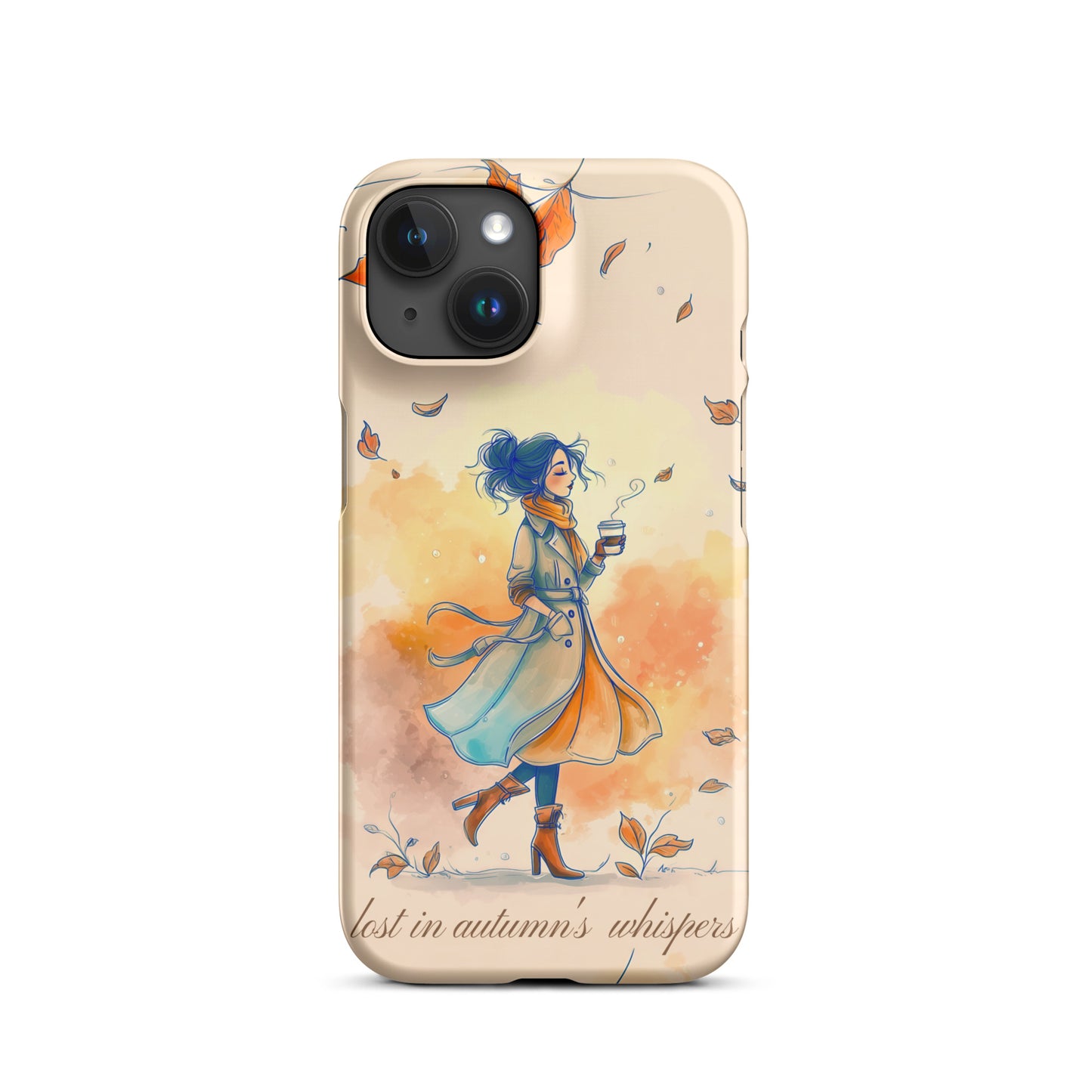Snap iPhone case featuring watercolor art of a woman in a long coat walking through autumn leaves.