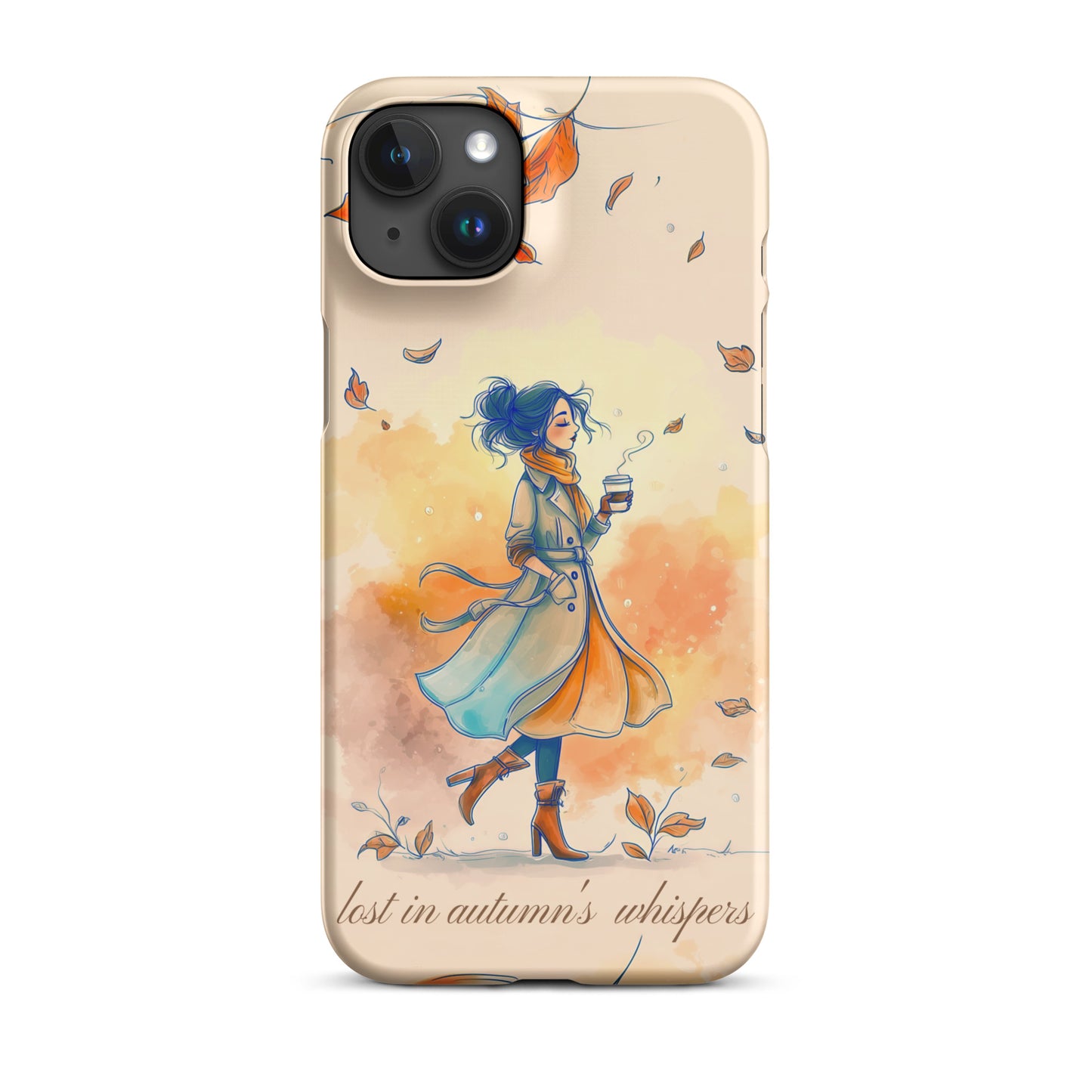 Snap iPhone case featuring watercolor art of a woman in a long coat walking through autumn leaves.