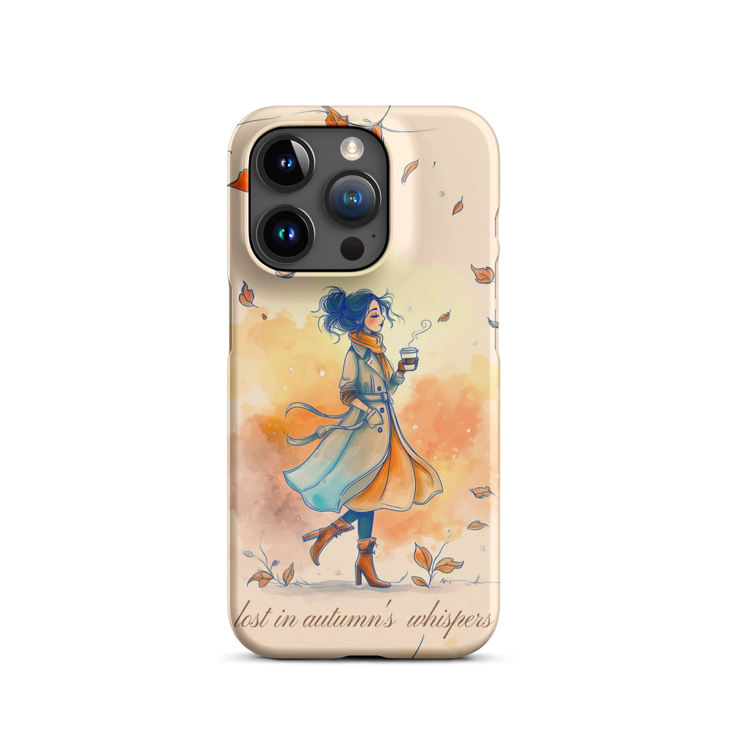 Snap iPhone case featuring watercolor art of a woman in a long coat walking through autumn leaves.