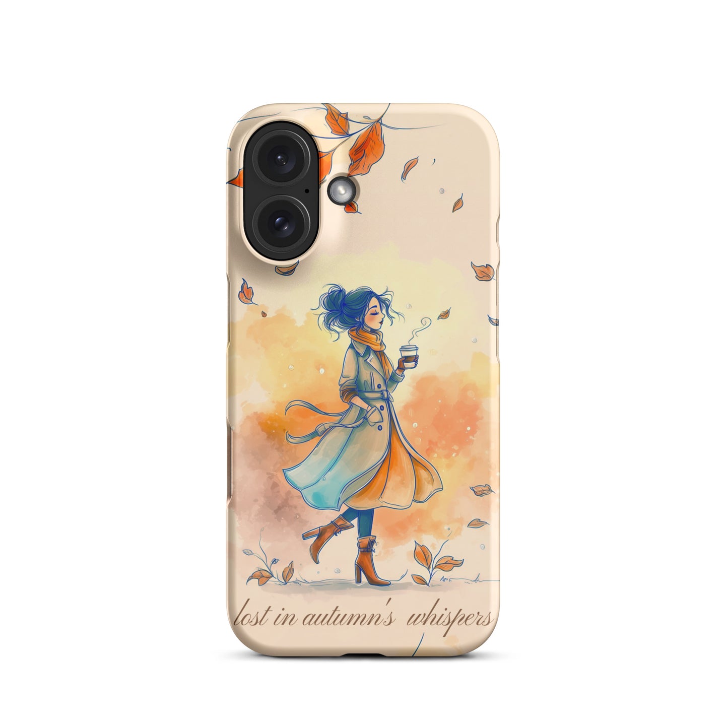 Snap iPhone case featuring watercolor art of a woman in a long coat walking through autumn leaves.