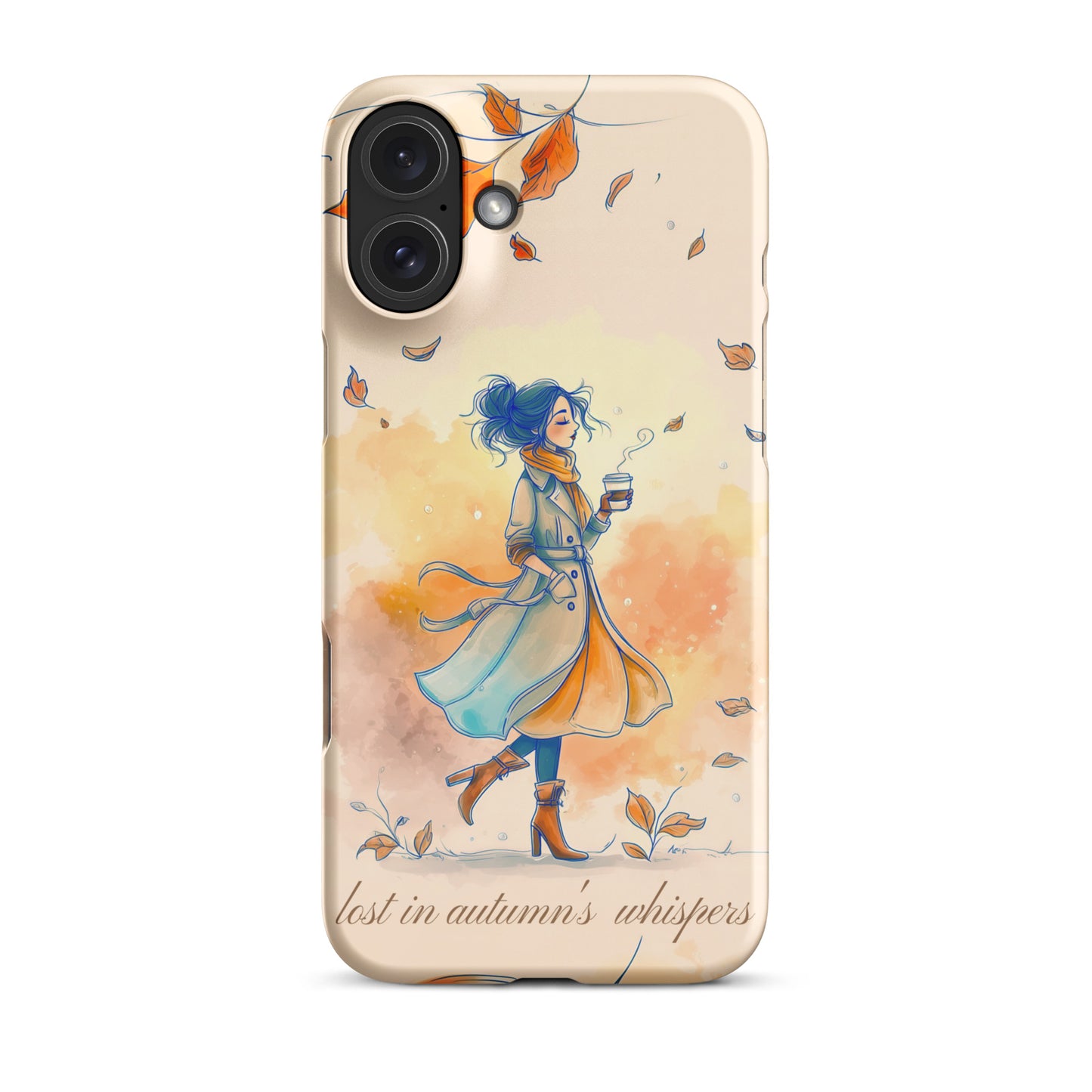 Snap iPhone case featuring watercolor art of a woman in a long coat walking through autumn leaves.