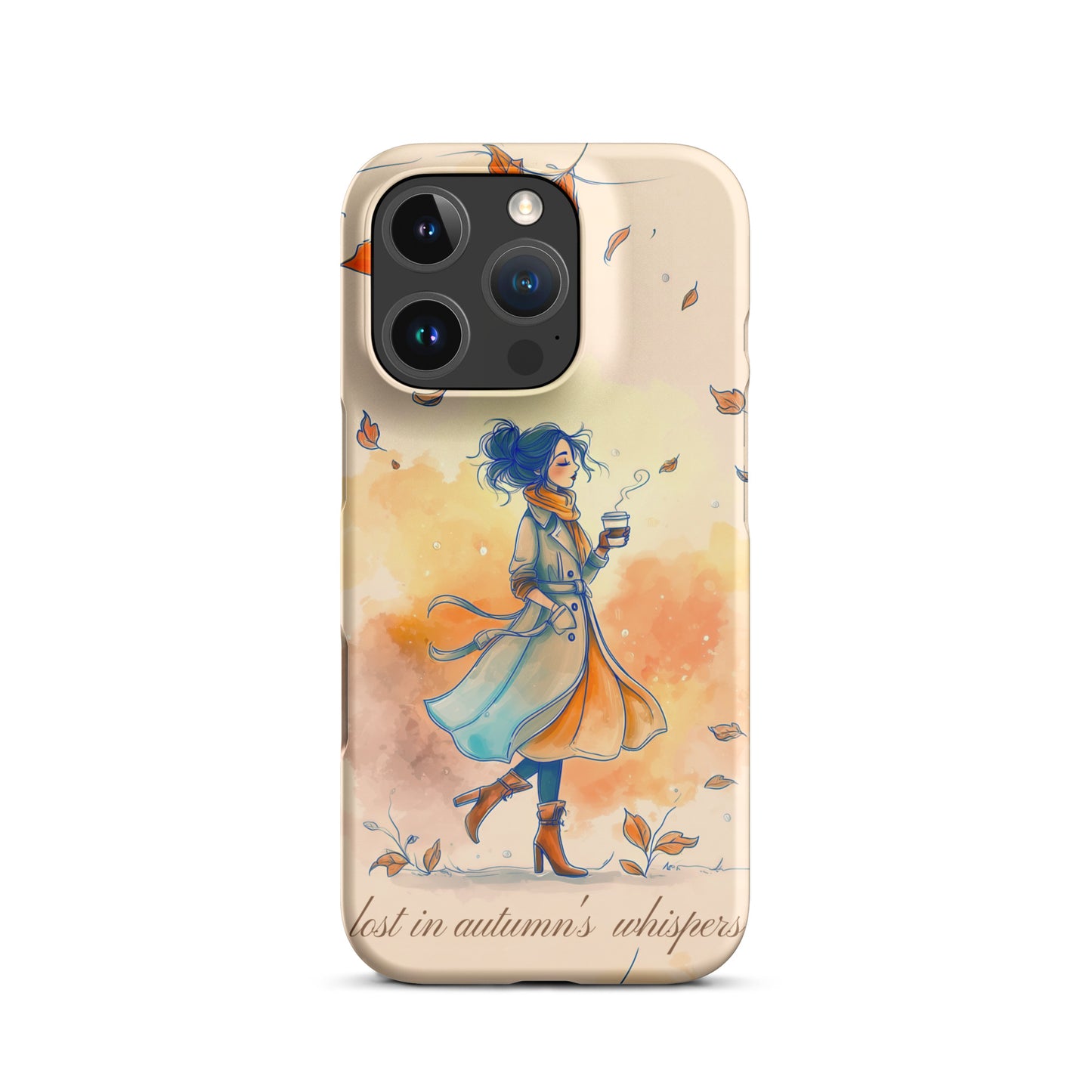 Snap iPhone case featuring watercolor art of a woman in a long coat walking through autumn leaves.