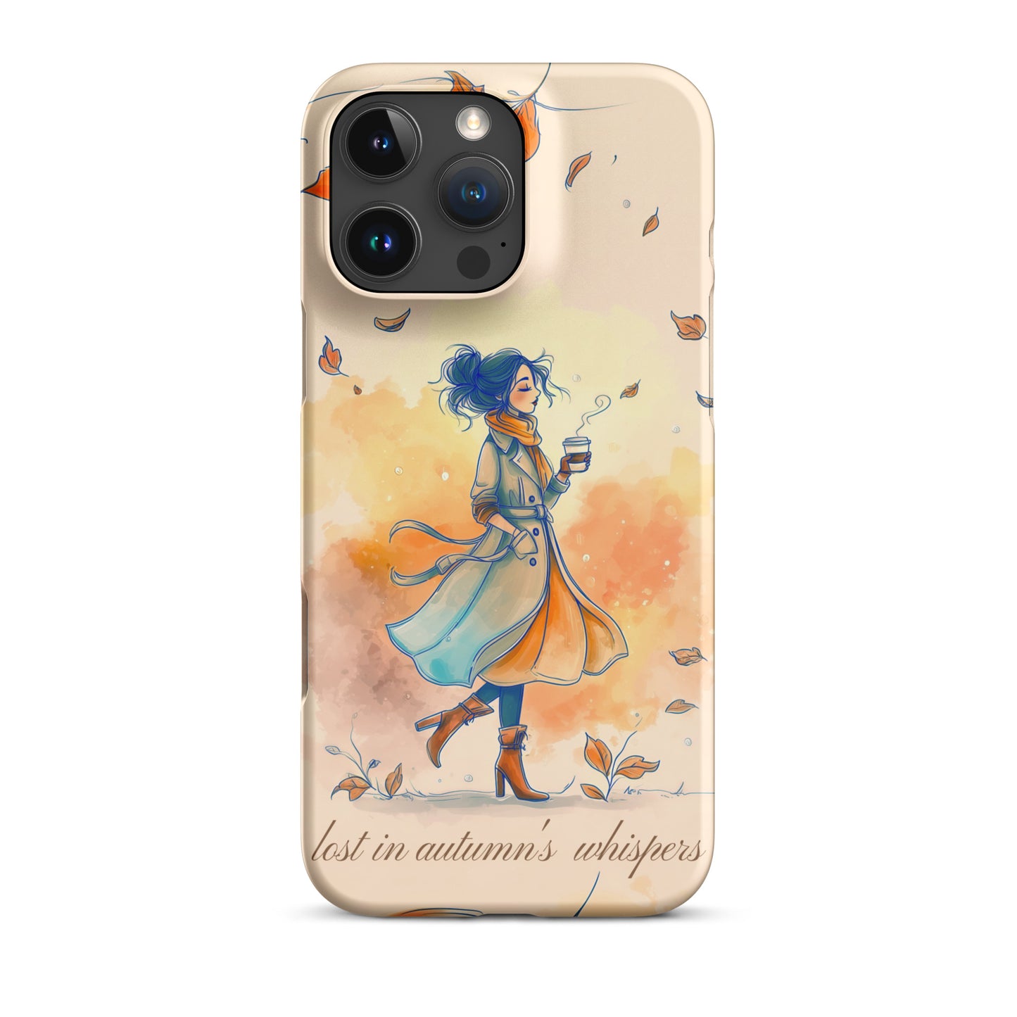 Snap iPhone case featuring watercolor art of a woman in a long coat walking through autumn leaves.