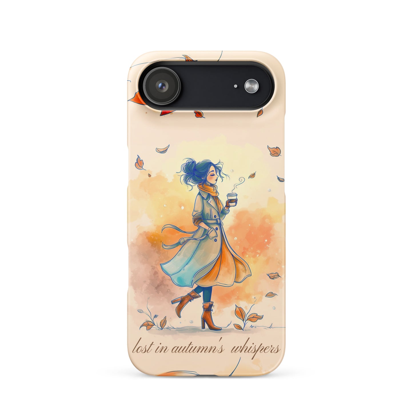 Snap iPhone case featuring watercolor art of a woman in a long coat walking through autumn leaves.