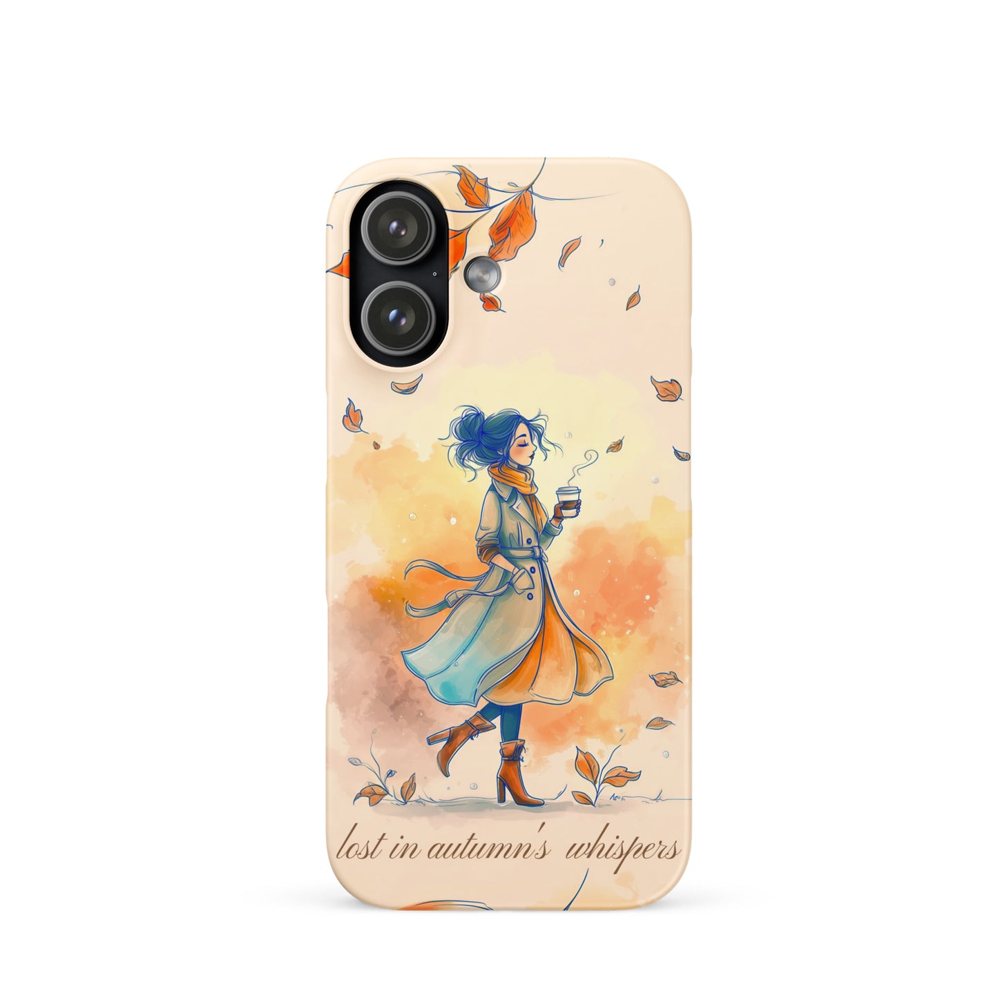 Snap iPhone case featuring watercolor art of a woman in a long coat walking through autumn leaves.