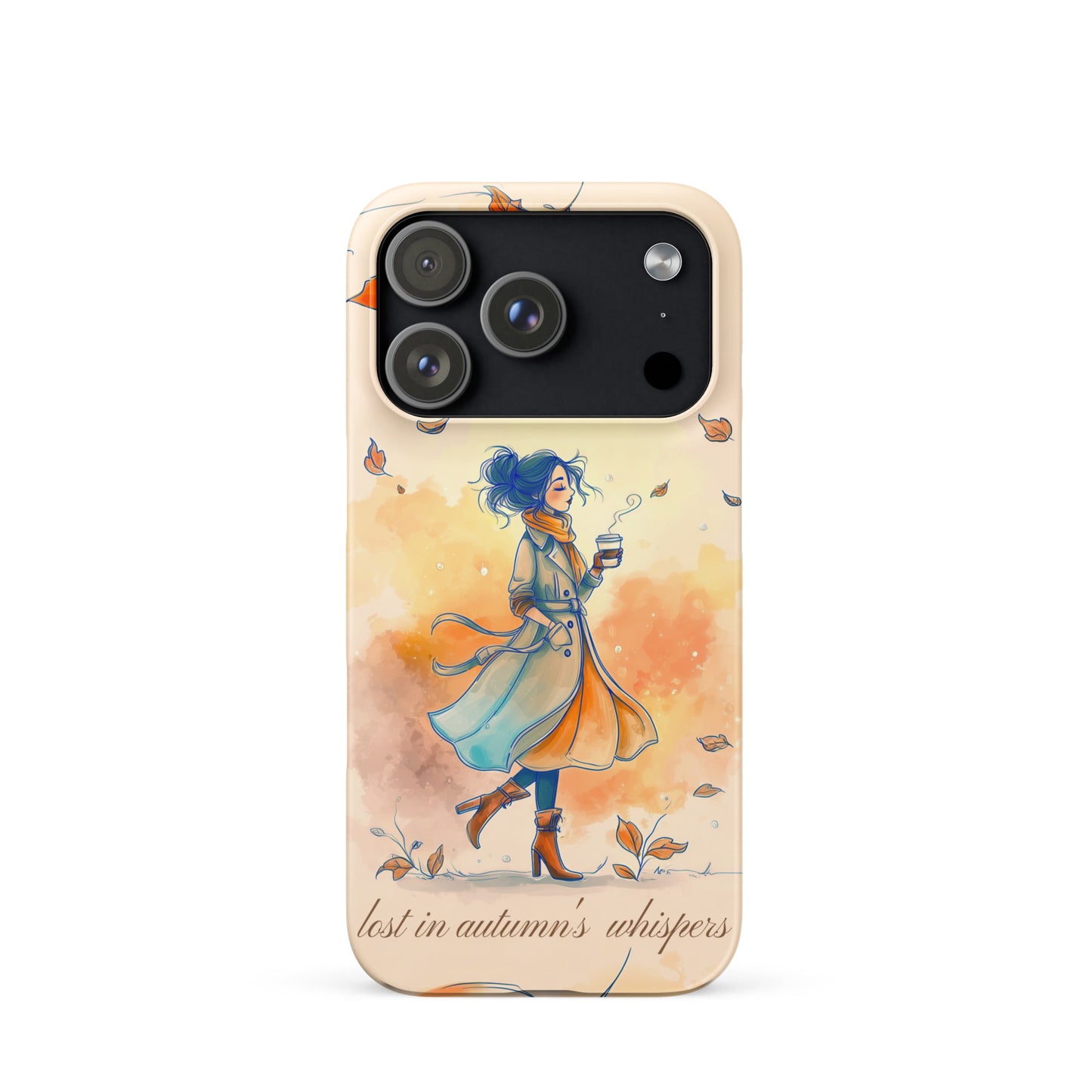 Snap iPhone case featuring watercolor art of a woman in a long coat walking through autumn leaves.