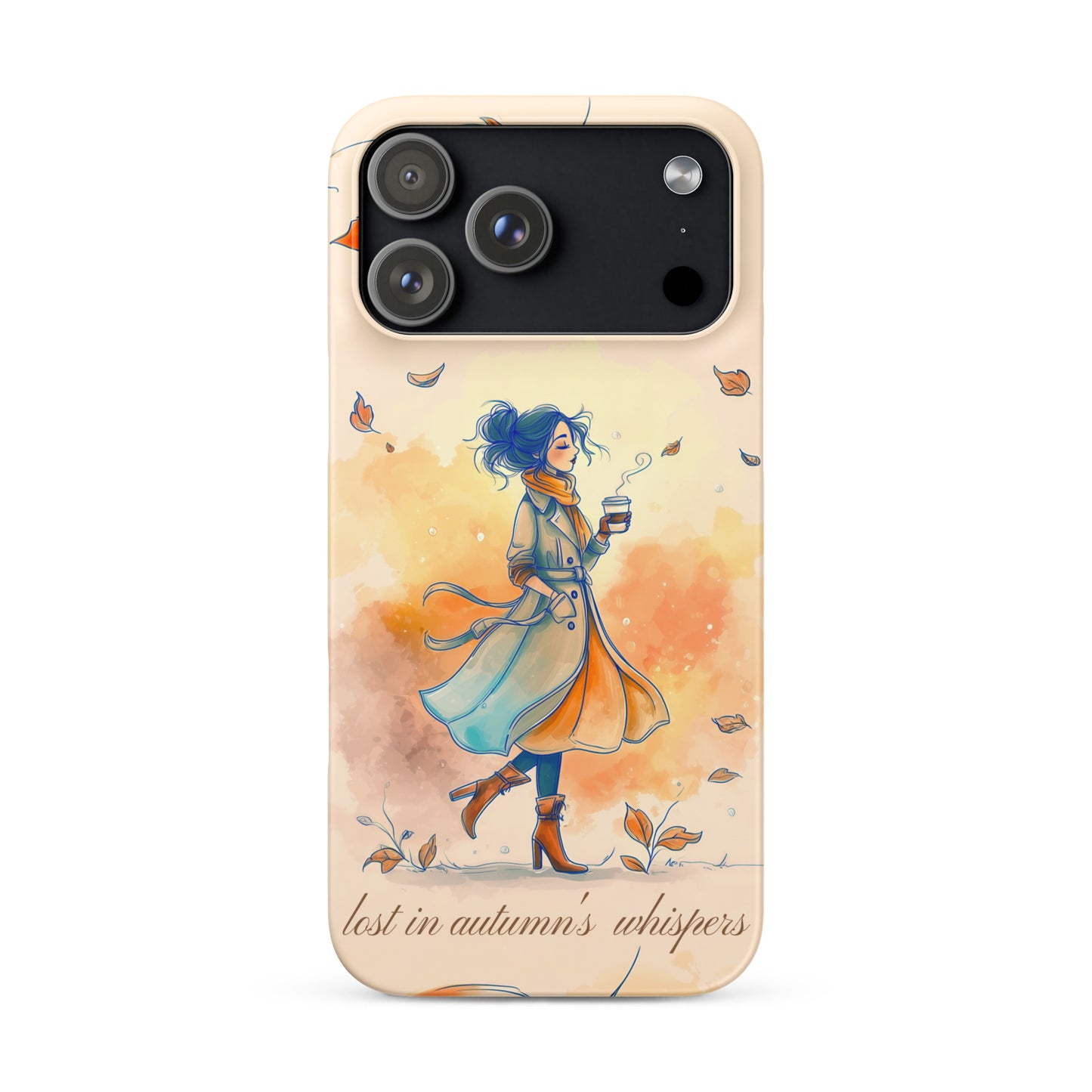 Snap iPhone case featuring watercolor art of a woman in a long coat walking through autumn leaves.