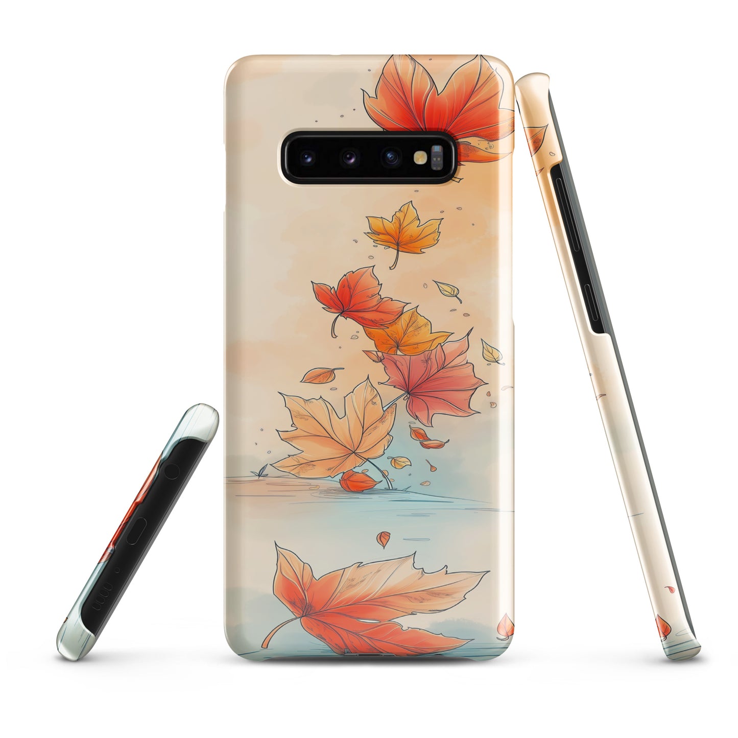 Phone case with autumn leaf design on a white background by Sweet and Savage. 