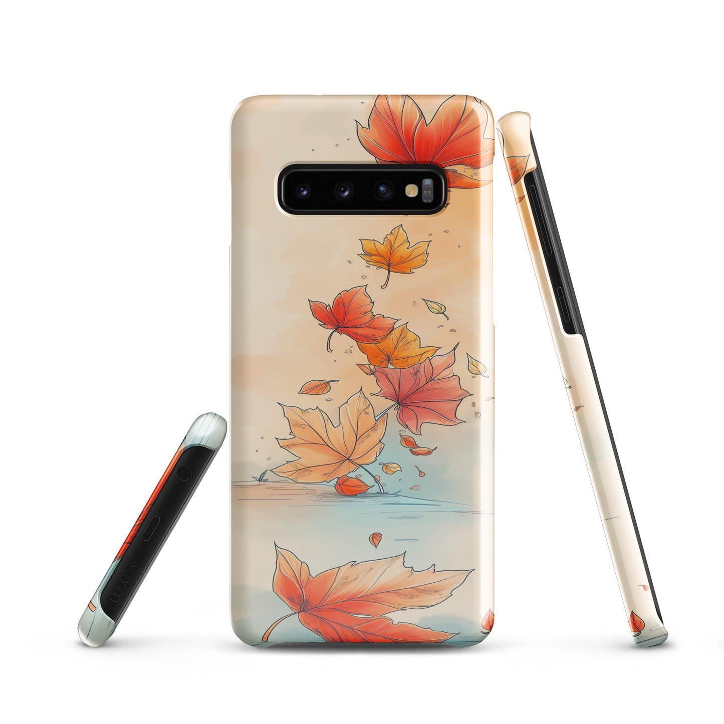 Phone case with autumn leaf design on a white background by Sweet and Savage. 