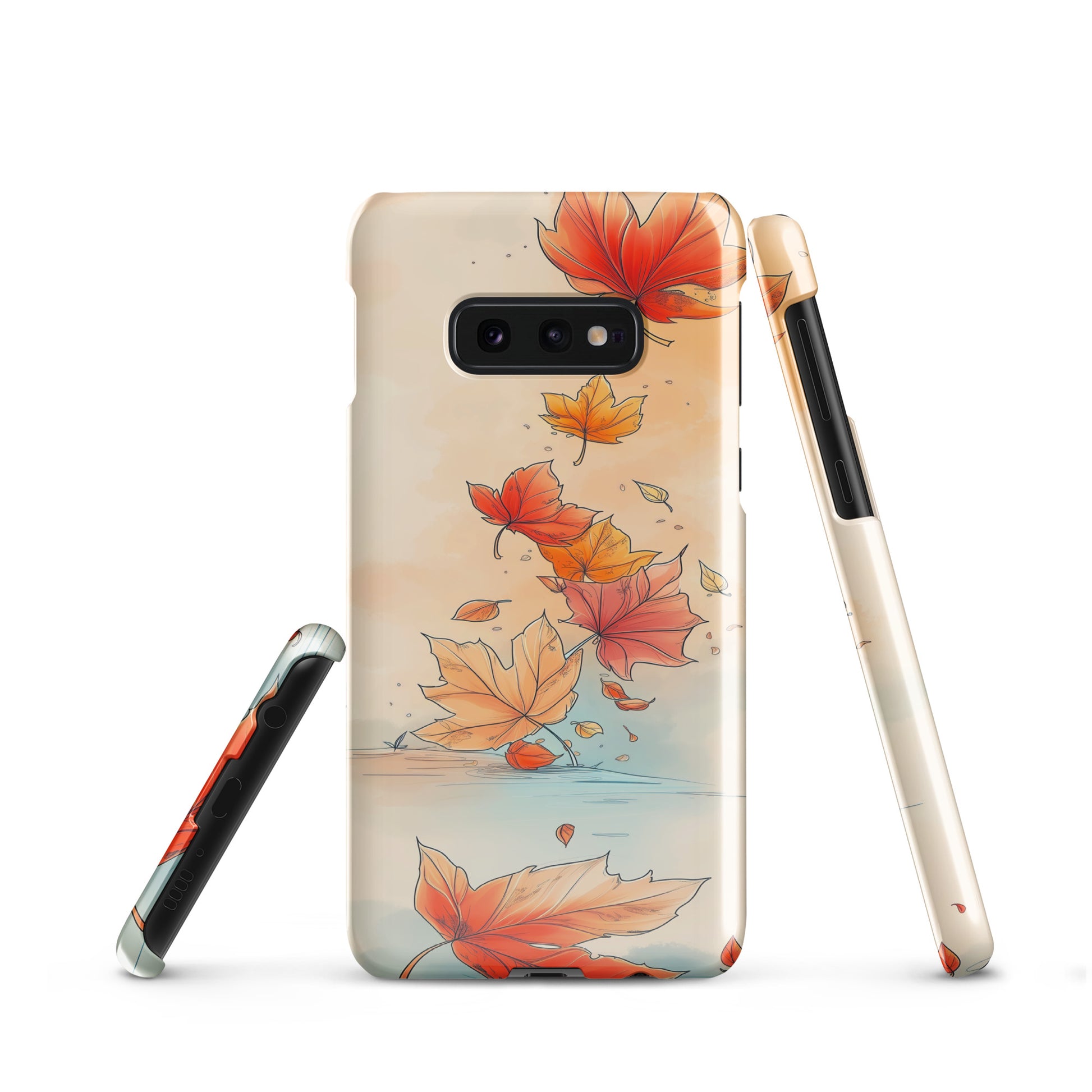 Phone case with autumn leaf design on a white background by Sweet and Savage. 