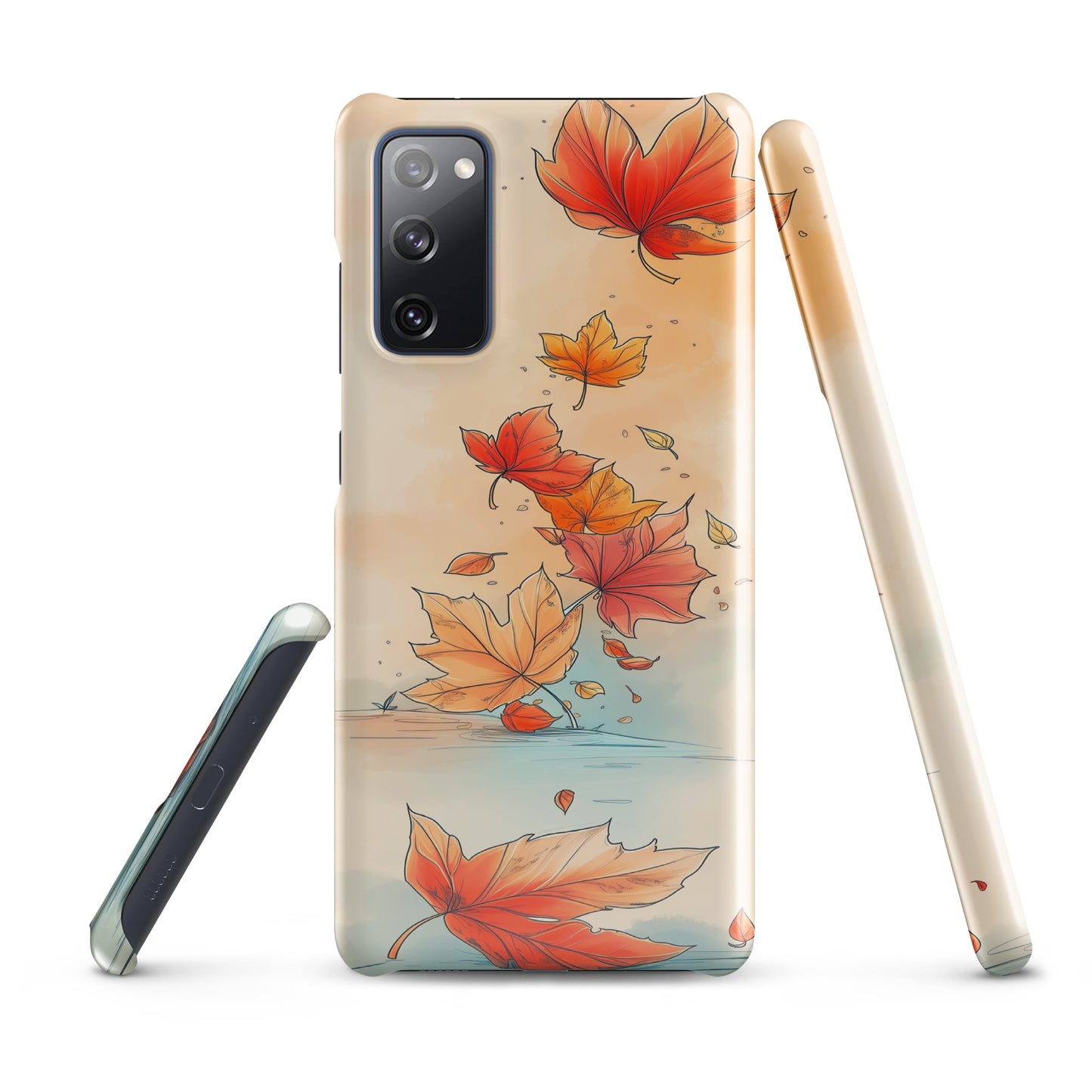 Snap case for Samsung® featuring a delicate watercolor pattern of orange and red autumn leaves on a soft blue background.
