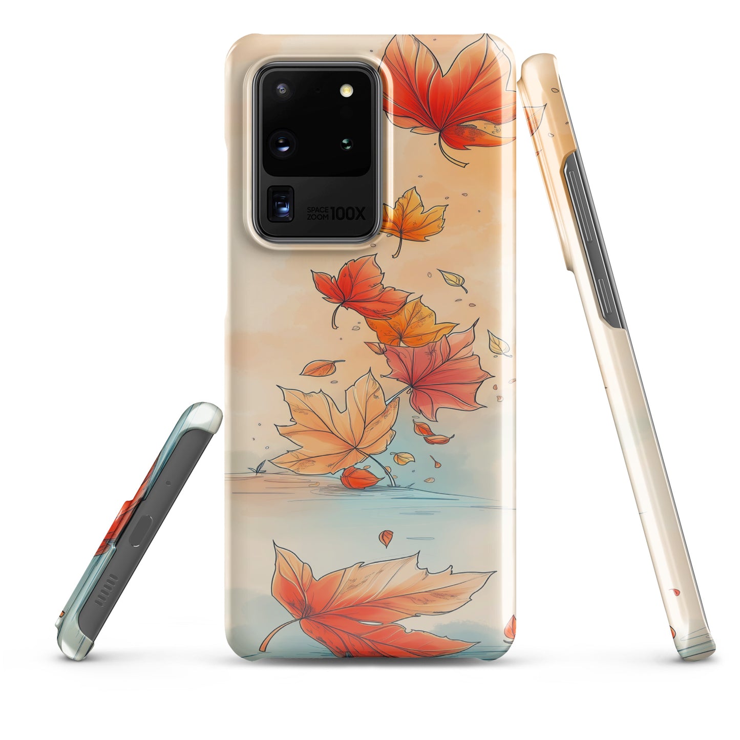 Phone case with autumn leaf design on a white background by Sweet and Savage. 