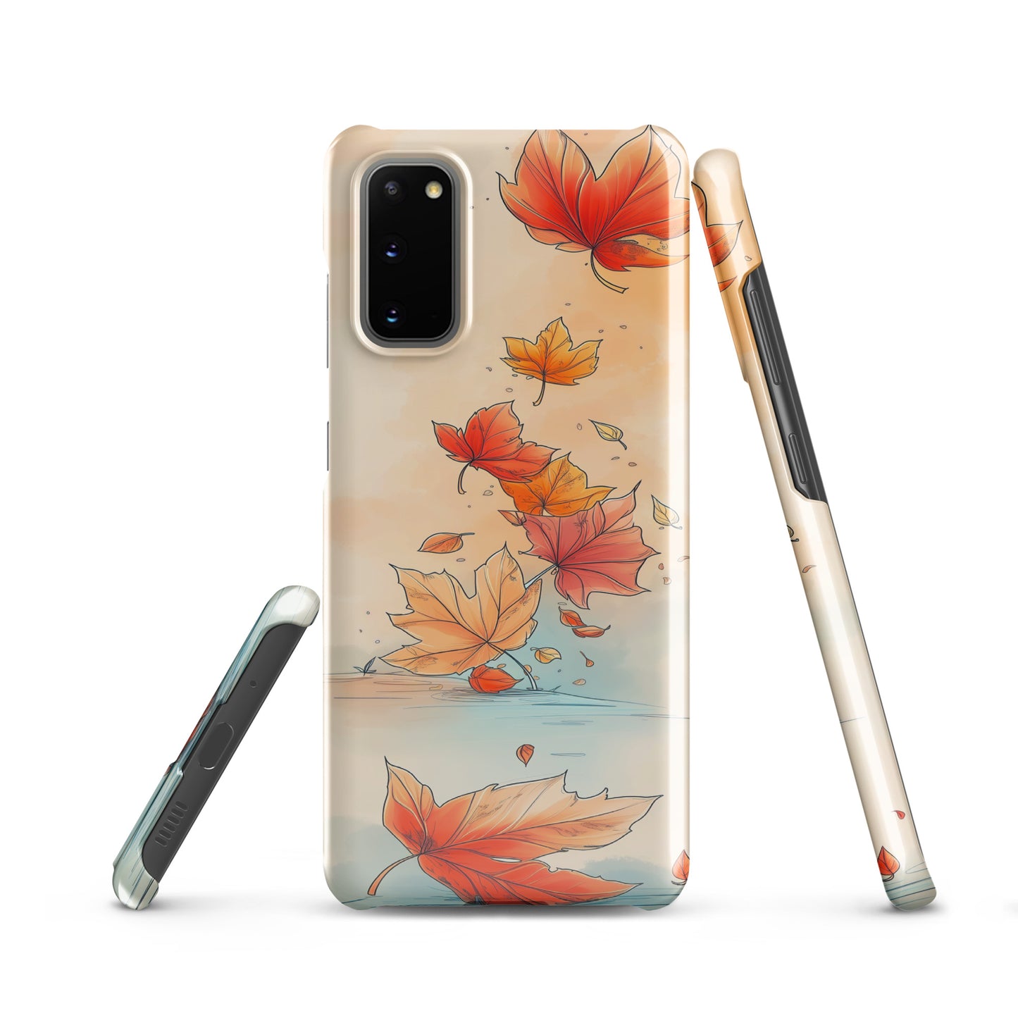 Phone case with autumn leaf design on a white background by Sweet and Savage. 