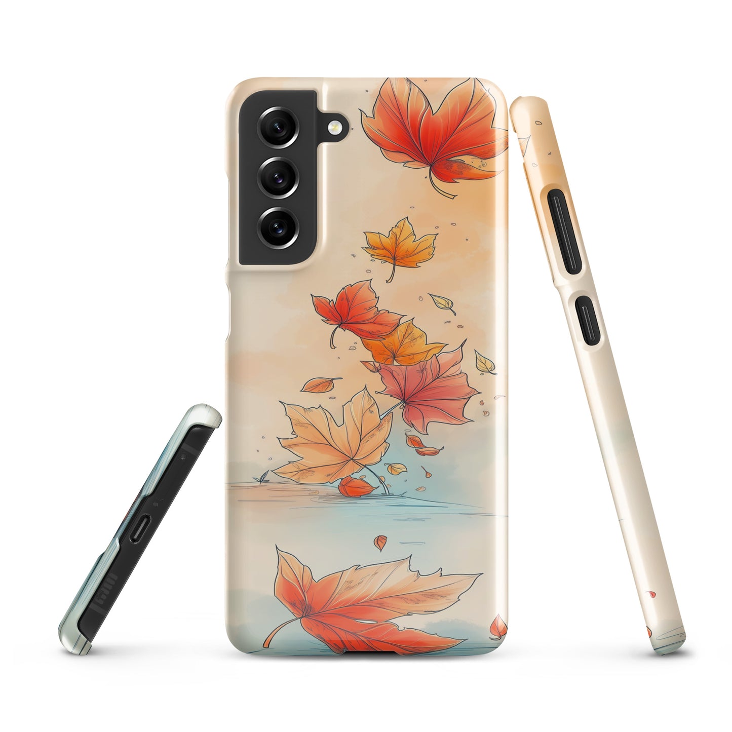 Phone case with autumn leaf design on a white background by Sweet and Savage. 
