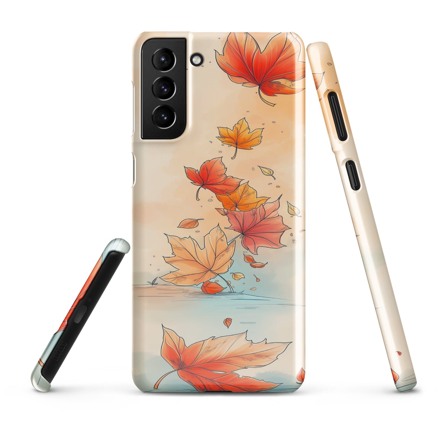 Phone case with autumn leaf design on a white background by Sweet and Savage. 