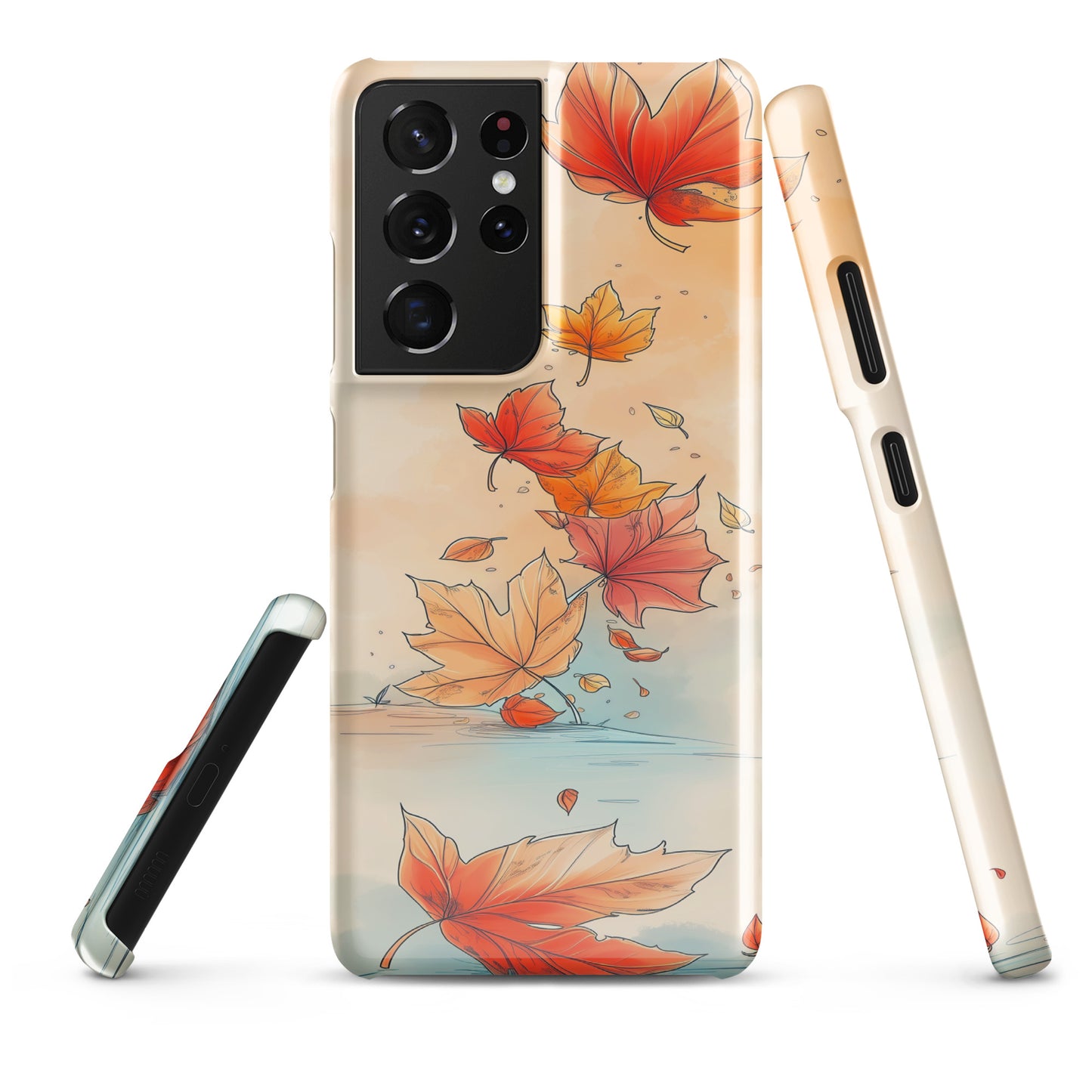 Phone case with autumn leaf design on a white background by Sweet and Savage. 