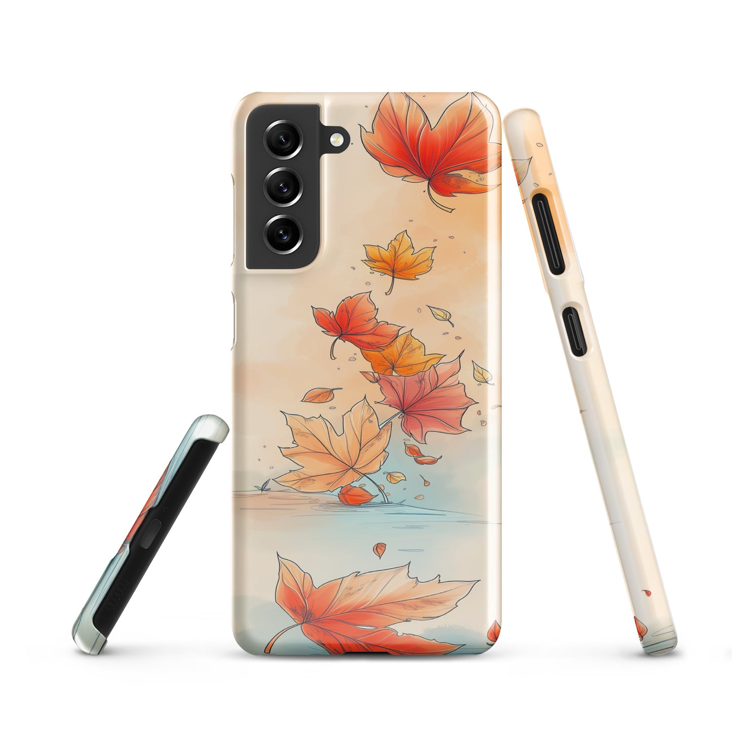 Phone case with autumn leaf design on a white background by Sweet and Savage. 