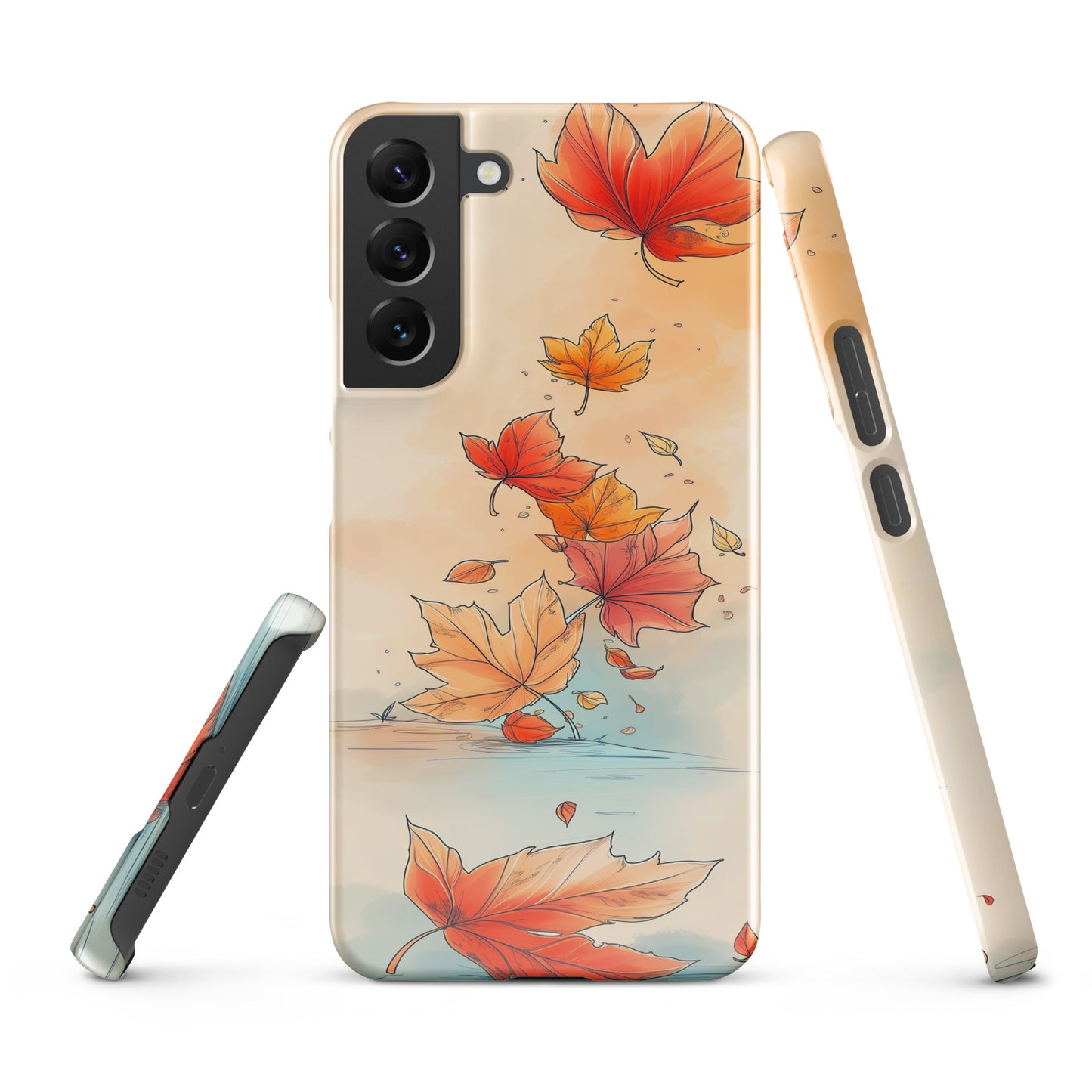 Phone case with autumn leaf design on a white background by Sweet and Savage. 