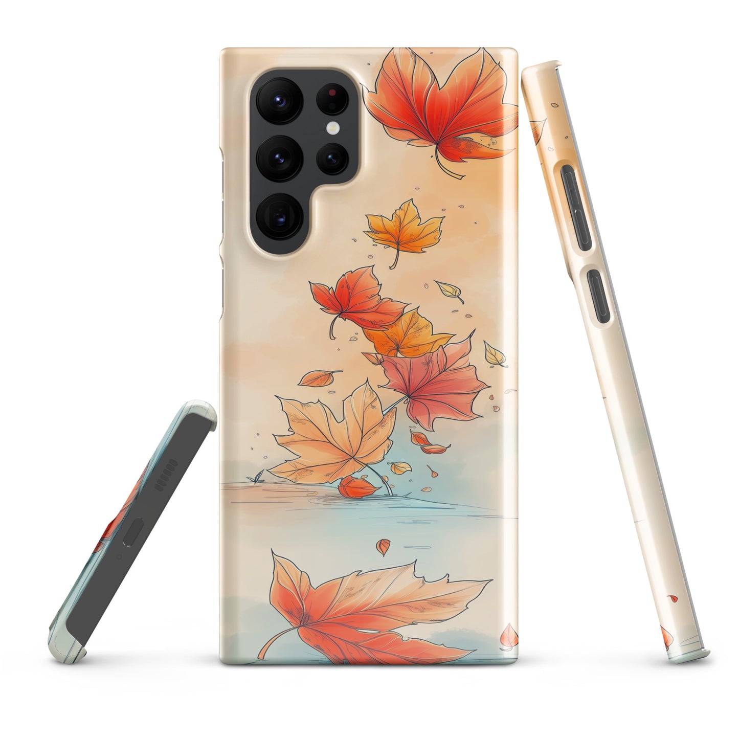 Phone case with autumn leaf design on a white background by Sweet and Savage. 