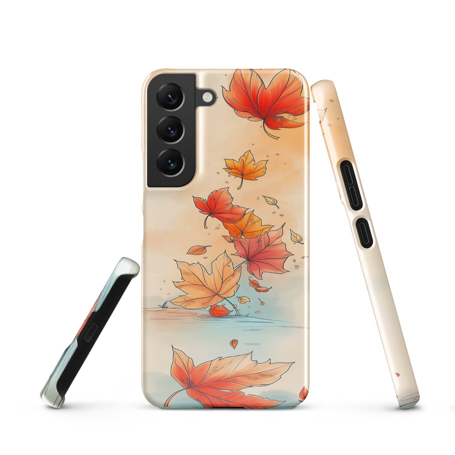 Phone case with autumn leaf design on a white background by Sweet and Savage. 