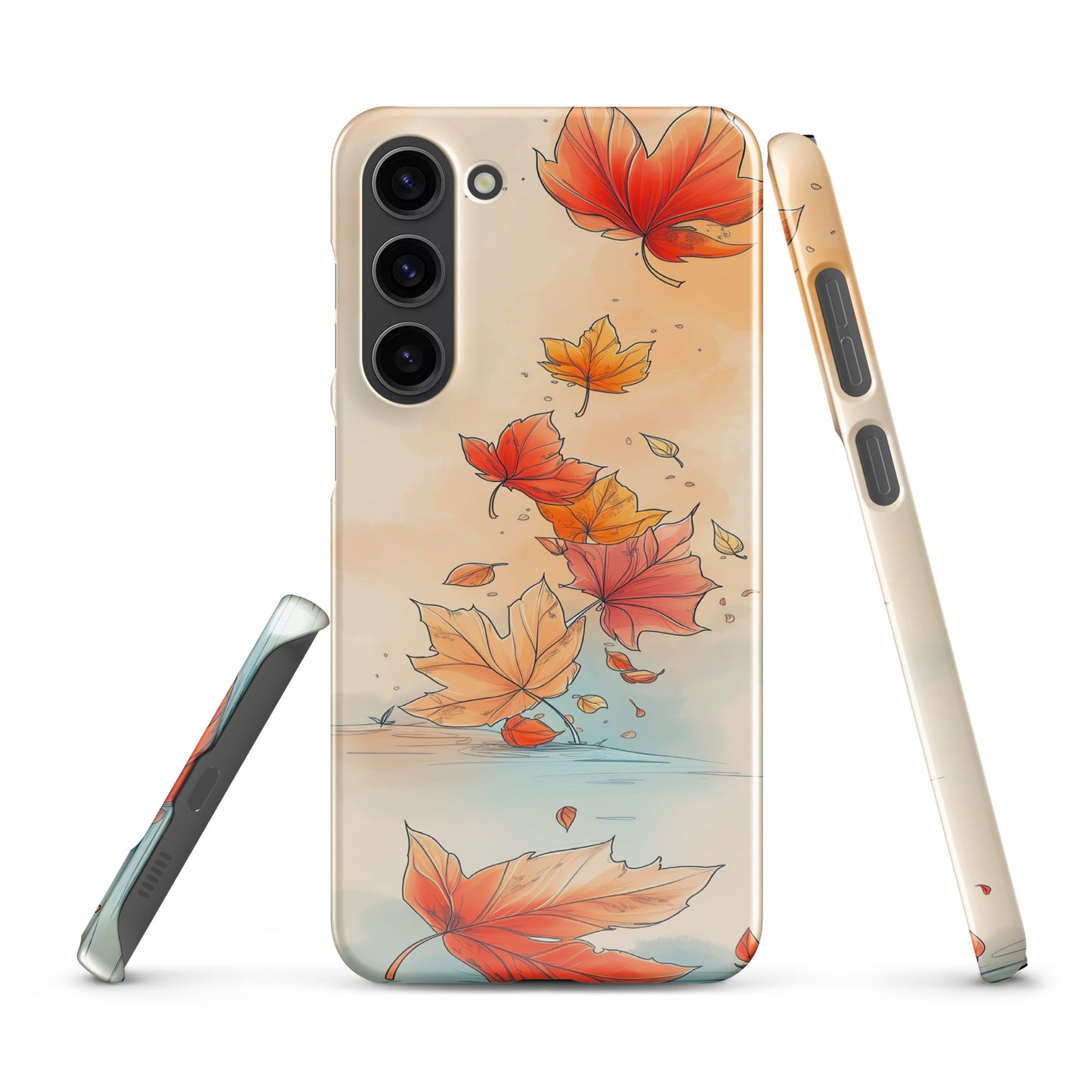 Snap case for Samsung® featuring a delicate watercolor pattern of orange and red autumn leaves on a soft blue background.