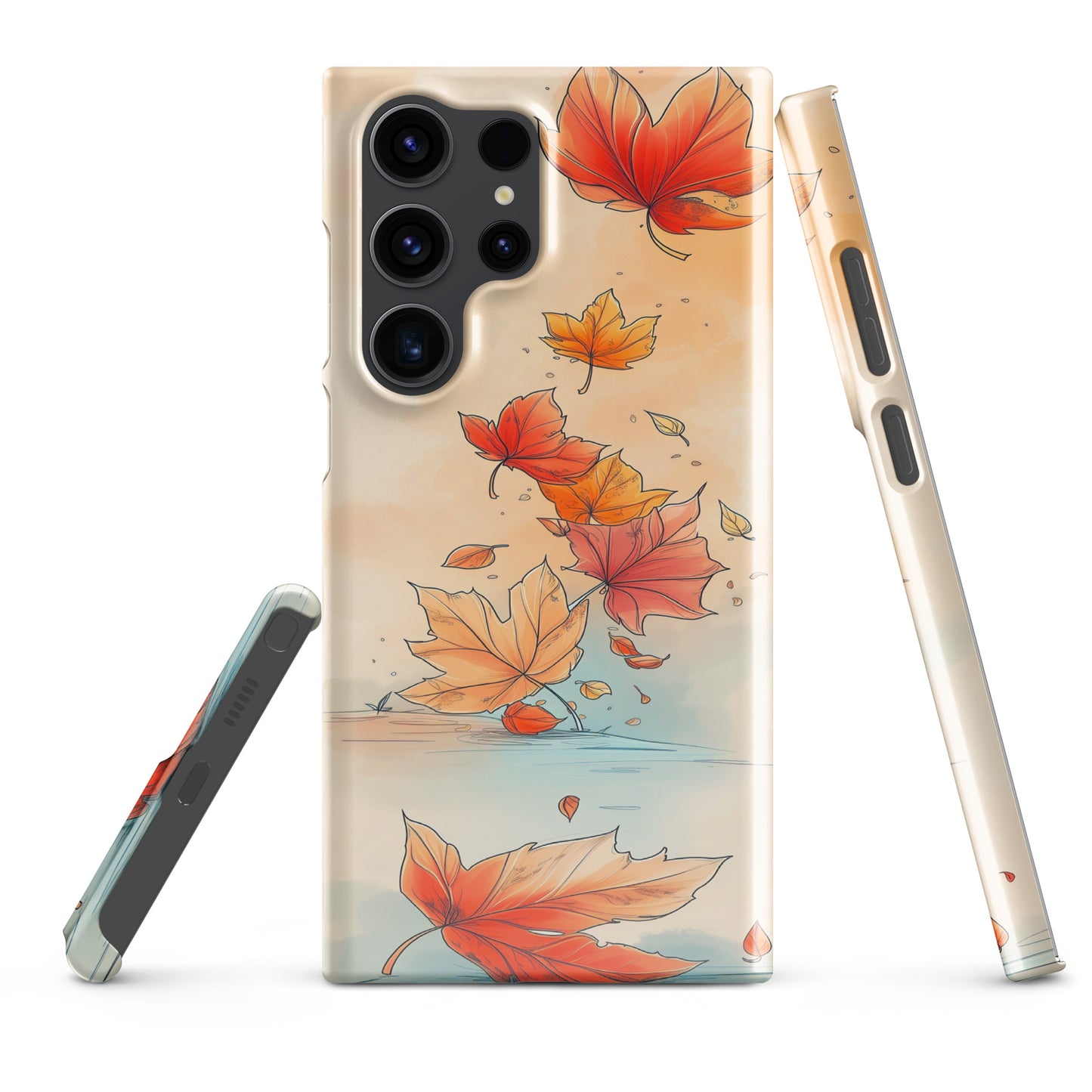 Phone case with autumn leaf design on a white background by Sweet and Savage. 