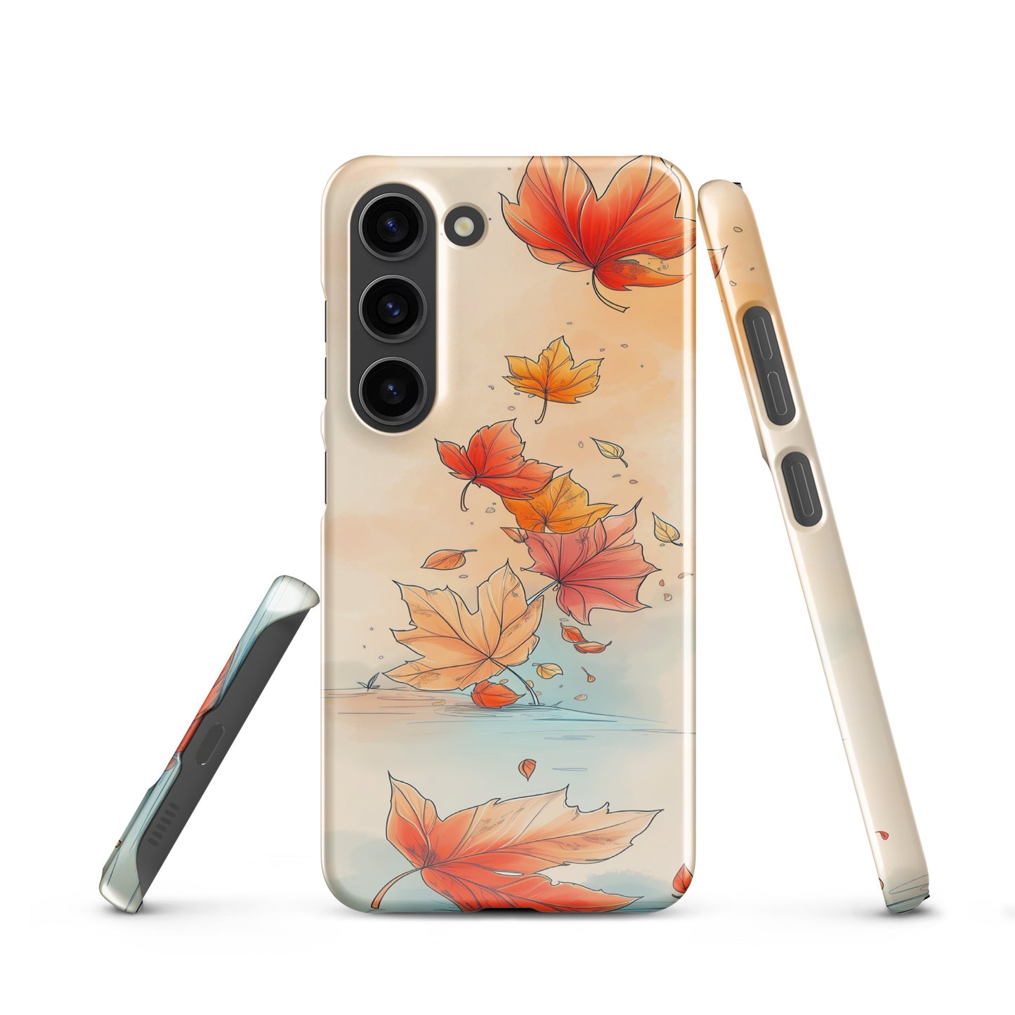 Phone case with autumn leaf design on a white background by Sweet and Savage. 