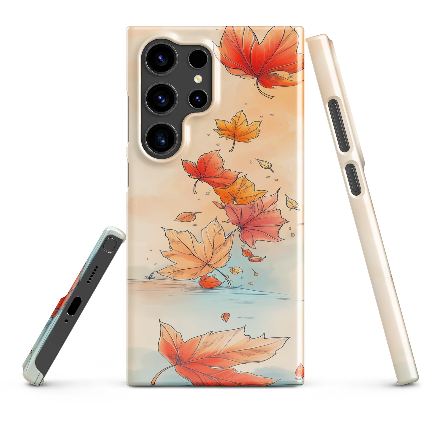Phone case with autumn leaf design on a white background by Sweet and Savage. 