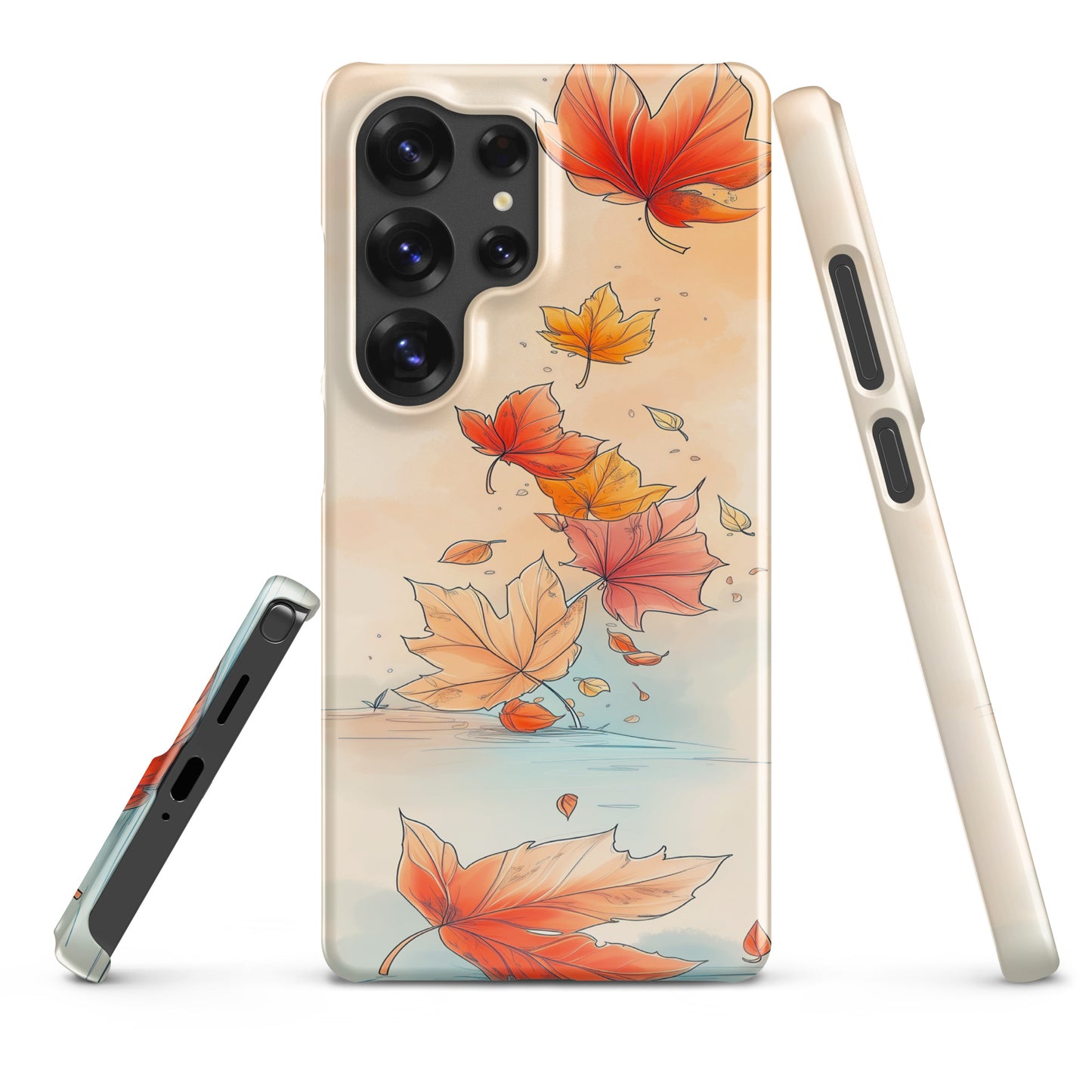 Phone case with autumn leaf design on a white background by Sweet and Savage. 