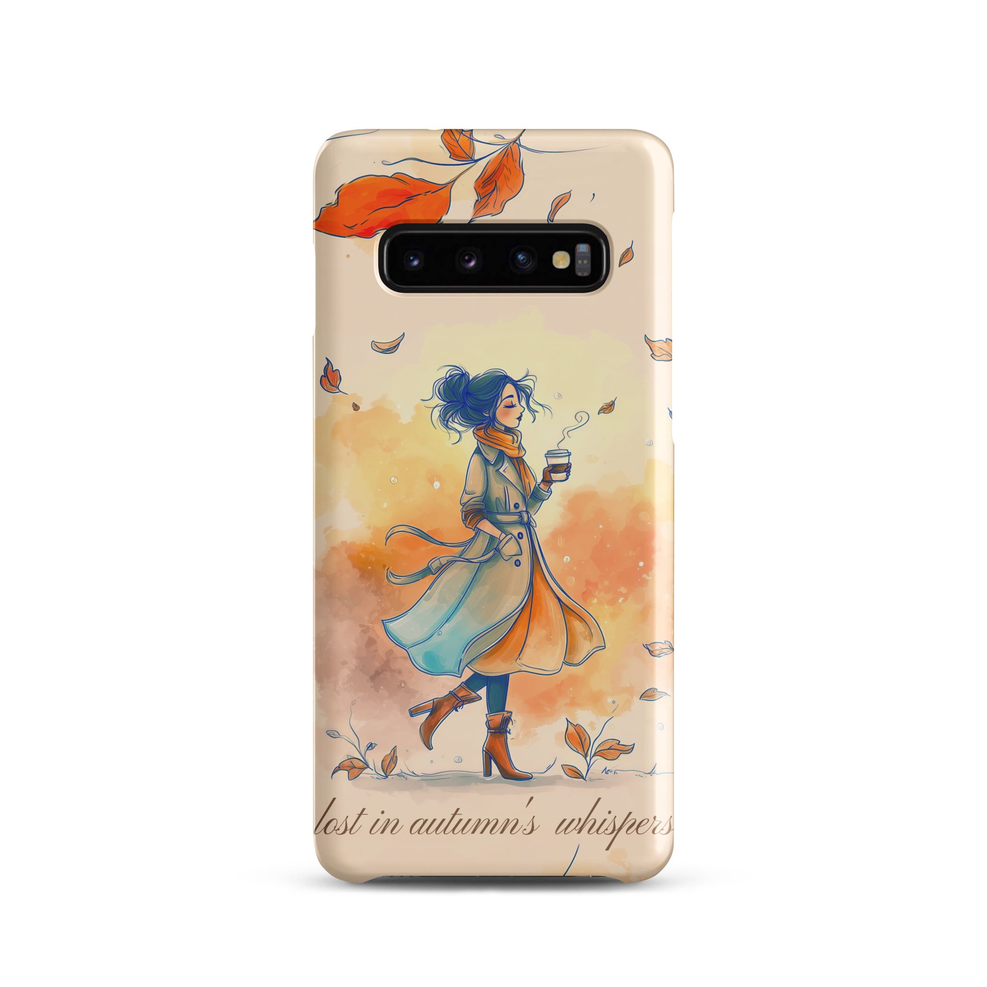 Snap case for Samsung® featuring an artistic illustration of a woman in a long coat carrying a cup of coffee while taking a stroll through a dreamy autumn landscape with falling leaves.