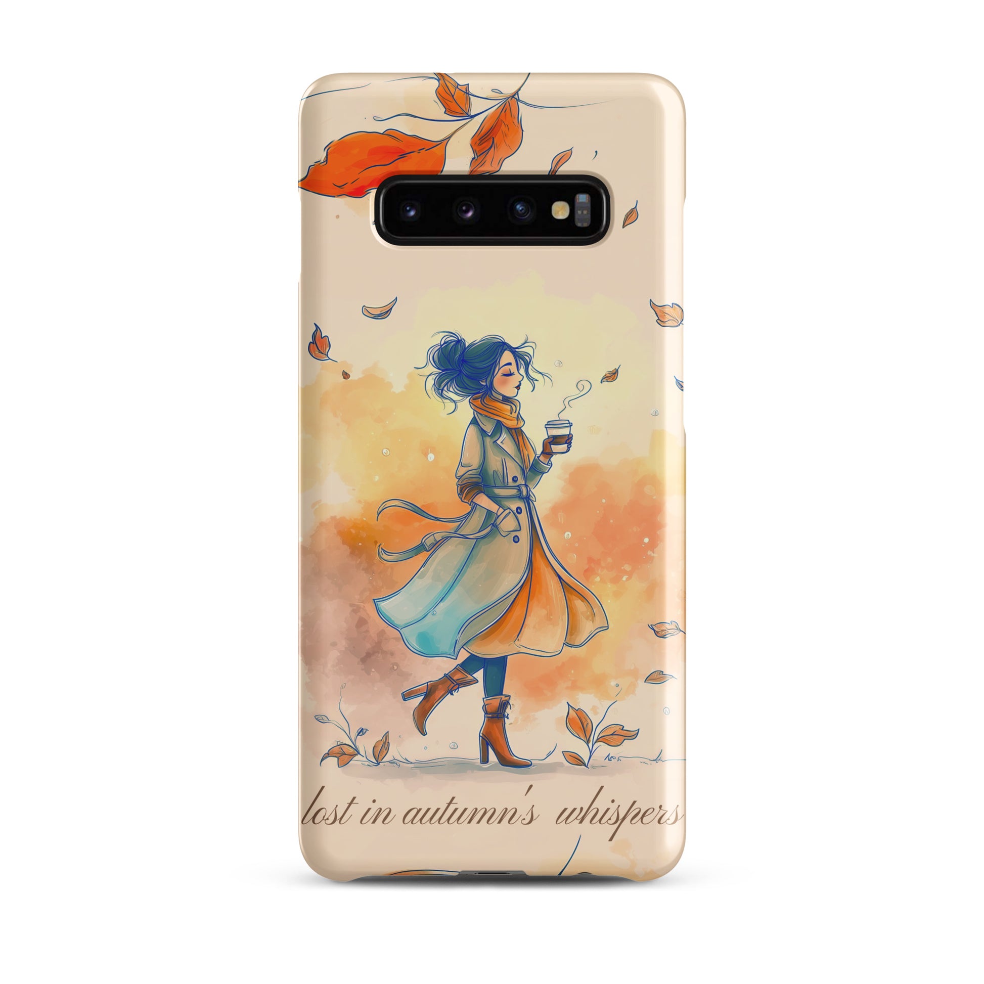 Snap case for Samsung® featuring an artistic illustration of a woman in a long coat carrying a cup of coffee while taking a stroll through a dreamy autumn landscape with falling leaves.