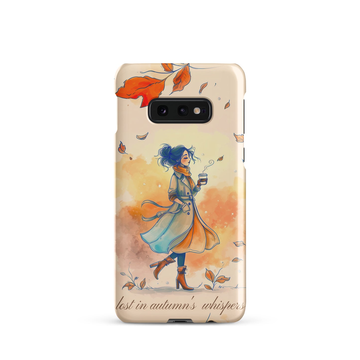 Snap case for Samsung® featuring an artistic illustration of a woman in a long coat carrying a cup of coffee while taking a stroll through a dreamy autumn landscape with falling leaves.