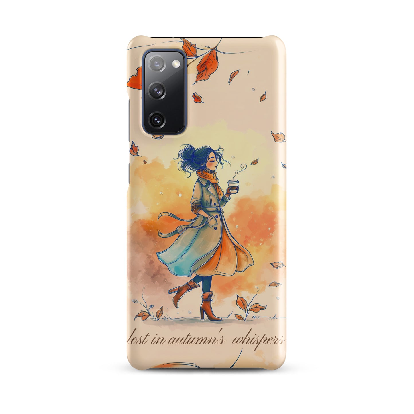 Snap case for Samsung® featuring an artistic illustration of a woman in a long coat carrying a cup of coffee while taking a stroll through a dreamy autumn landscape with falling leaves.