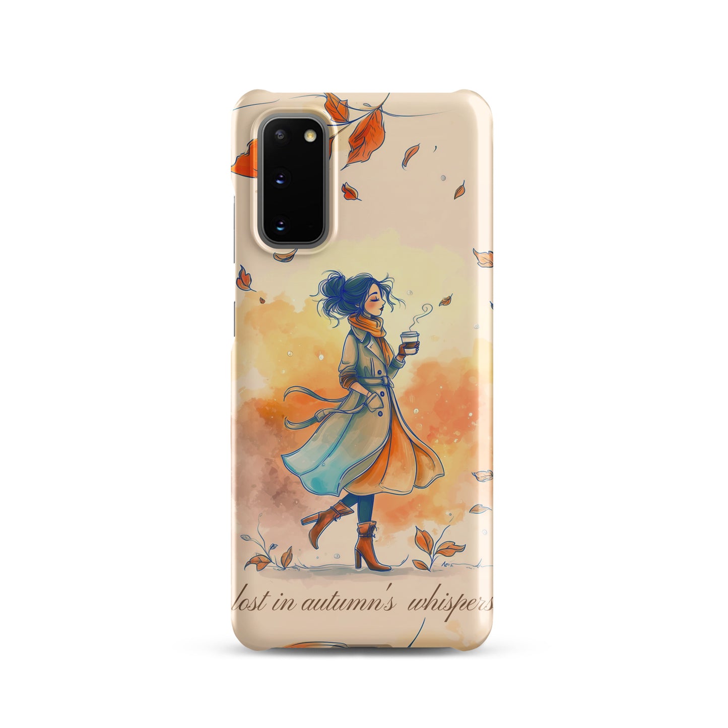 Snap case for Samsung® featuring an artistic illustration of a woman in a long coat carrying a cup of coffee while taking a stroll through a dreamy autumn landscape with falling leaves.