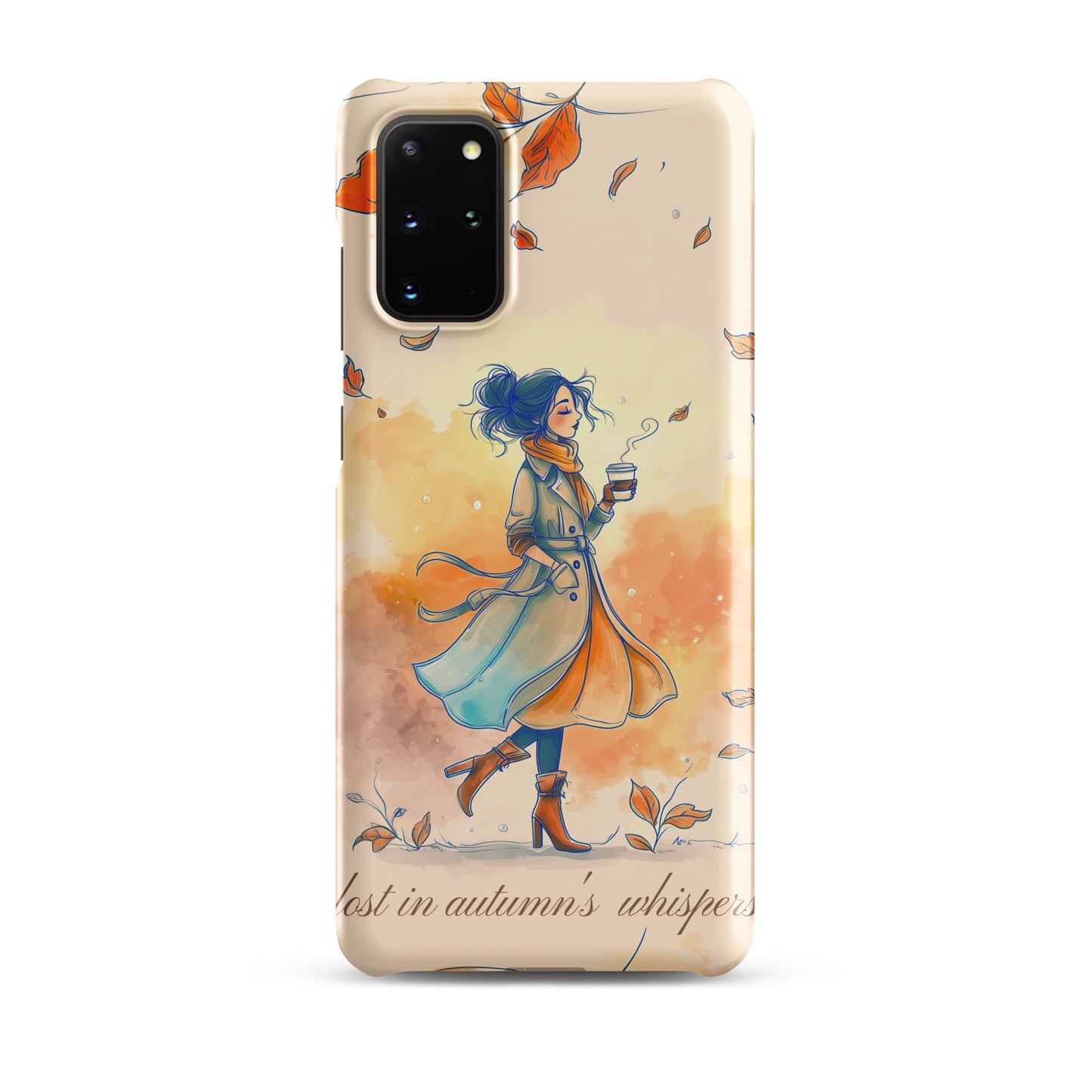 Snap case for Samsung® featuring an artistic illustration of a woman in a long coat carrying a cup of coffee while taking a stroll through a dreamy autumn landscape with falling leaves.