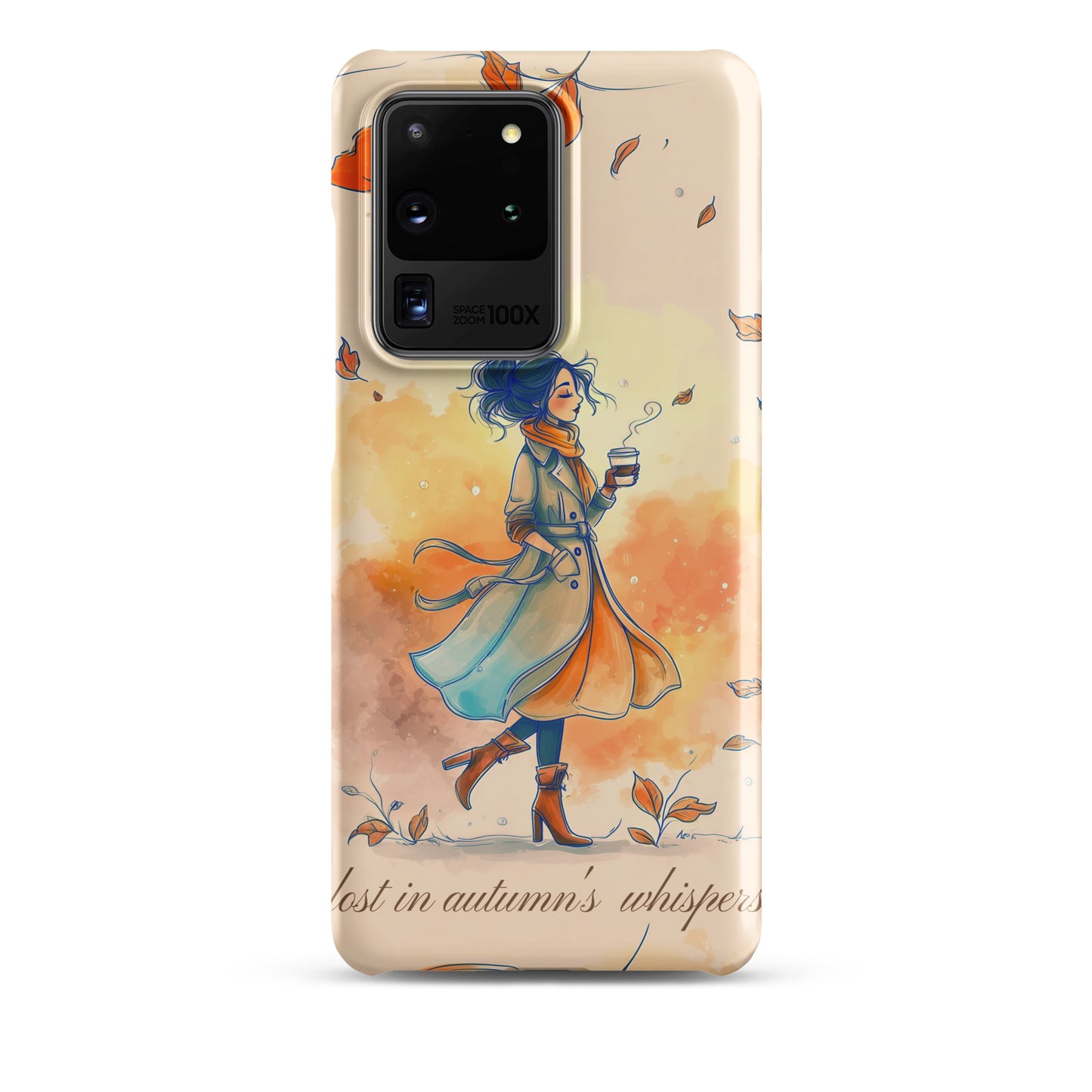 Snap case for Samsung® featuring an artistic illustration of a woman in a long coat carrying a cup of coffee while taking a stroll through a dreamy autumn landscape with falling leaves.