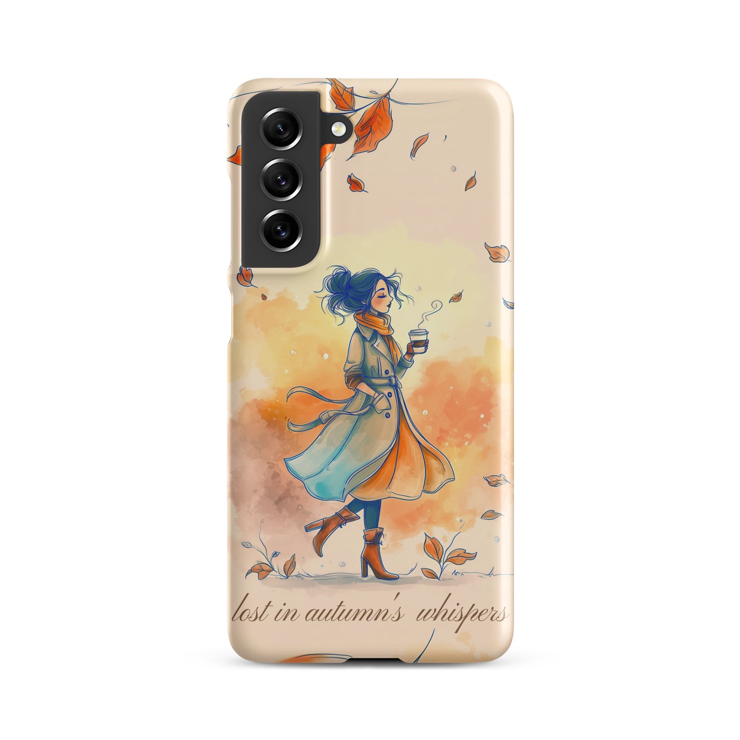 Snap case for Samsung® featuring an artistic illustration of a woman in a long coat carrying a cup of coffee while taking a stroll through a dreamy autumn landscape with falling leaves.