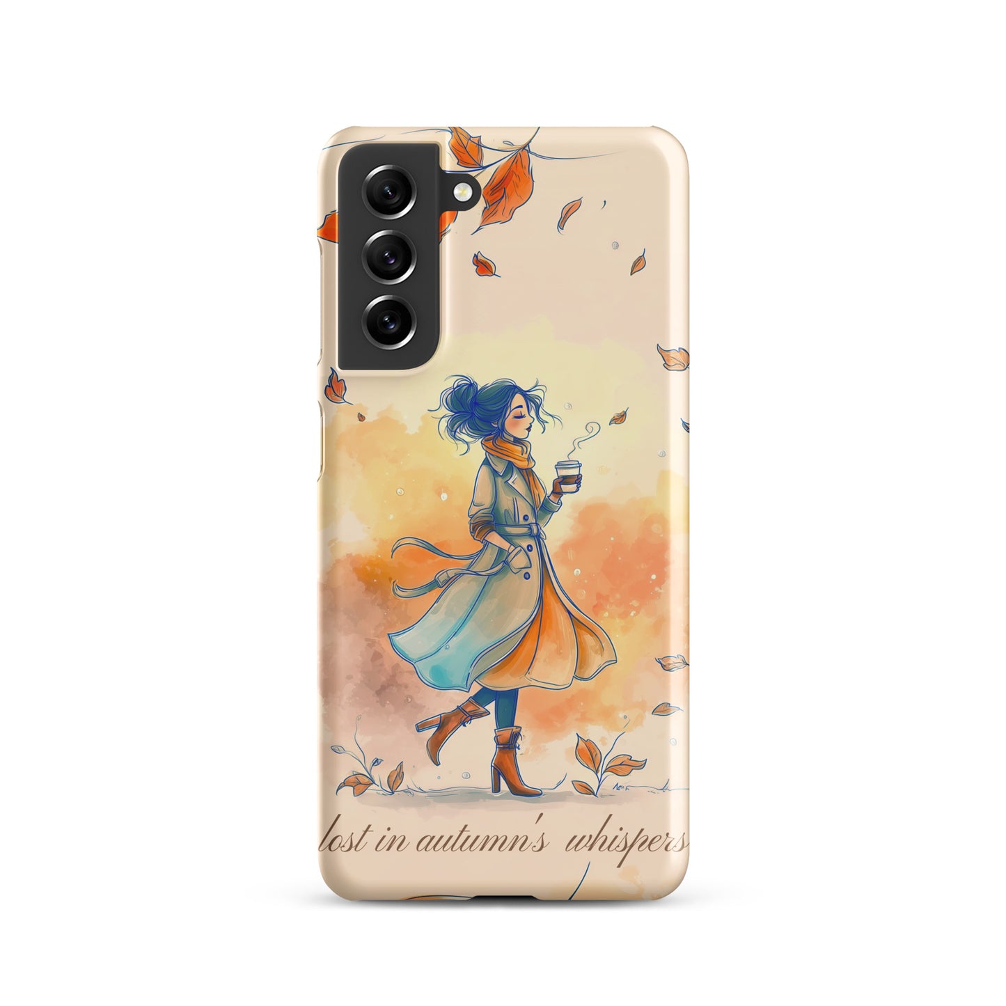 Snap case for Samsung® featuring an artistic illustration of a woman in a long coat carrying a cup of coffee while taking a stroll through a dreamy autumn landscape with falling leaves.