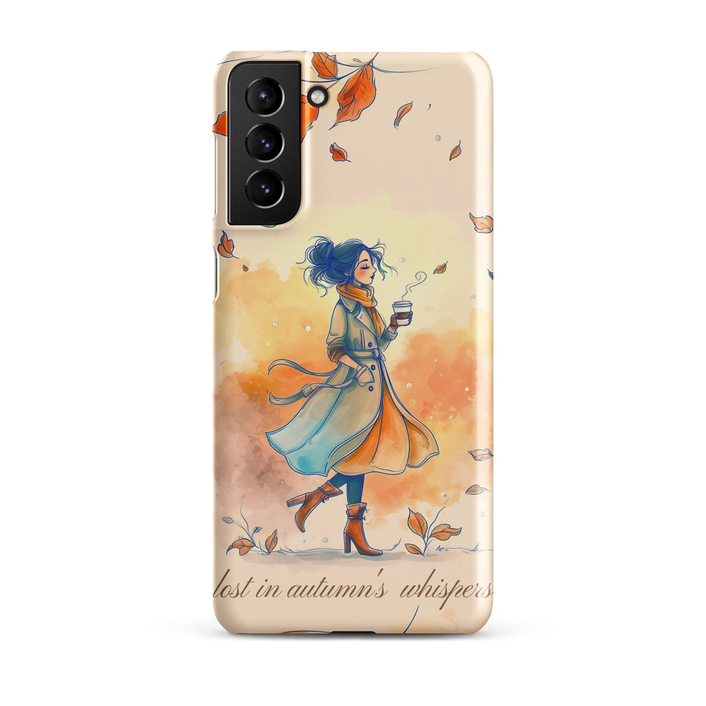 Snap case for Samsung® featuring an artistic illustration of a woman in a long coat carrying a cup of coffee while taking a stroll through a dreamy autumn landscape with falling leaves.