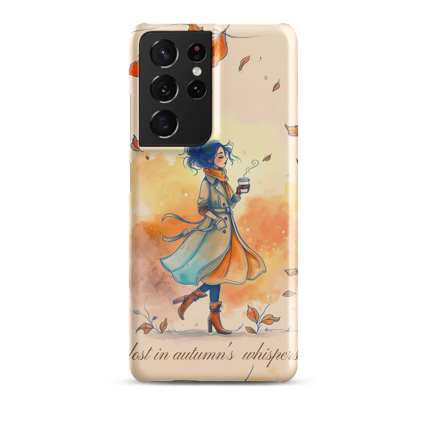 Snap case for Samsung® featuring an artistic illustration of a woman in a long coat carrying a cup of coffee while taking a stroll through a dreamy autumn landscape with falling leaves.