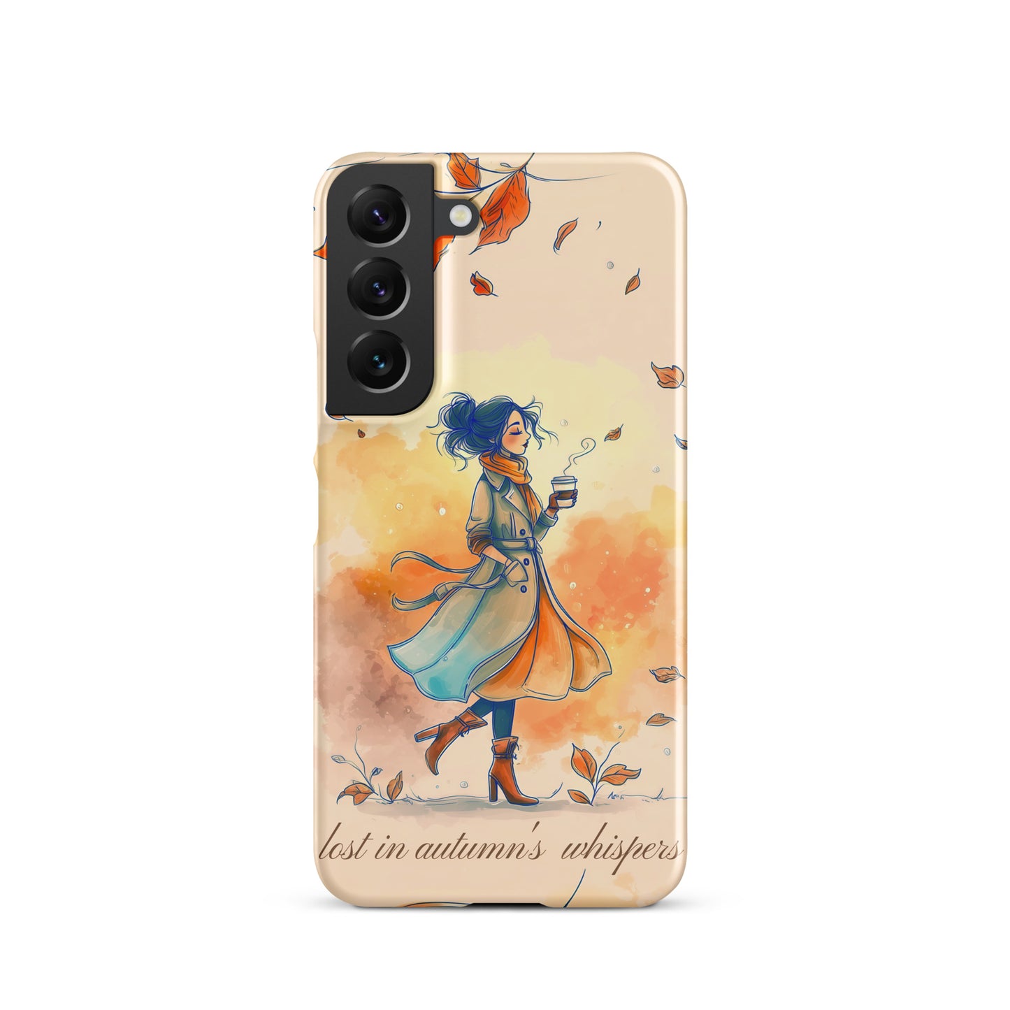 Snap case for Samsung® featuring an artistic illustration of a woman in a long coat carrying a cup of coffee while taking a stroll through a dreamy autumn landscape with falling leaves.