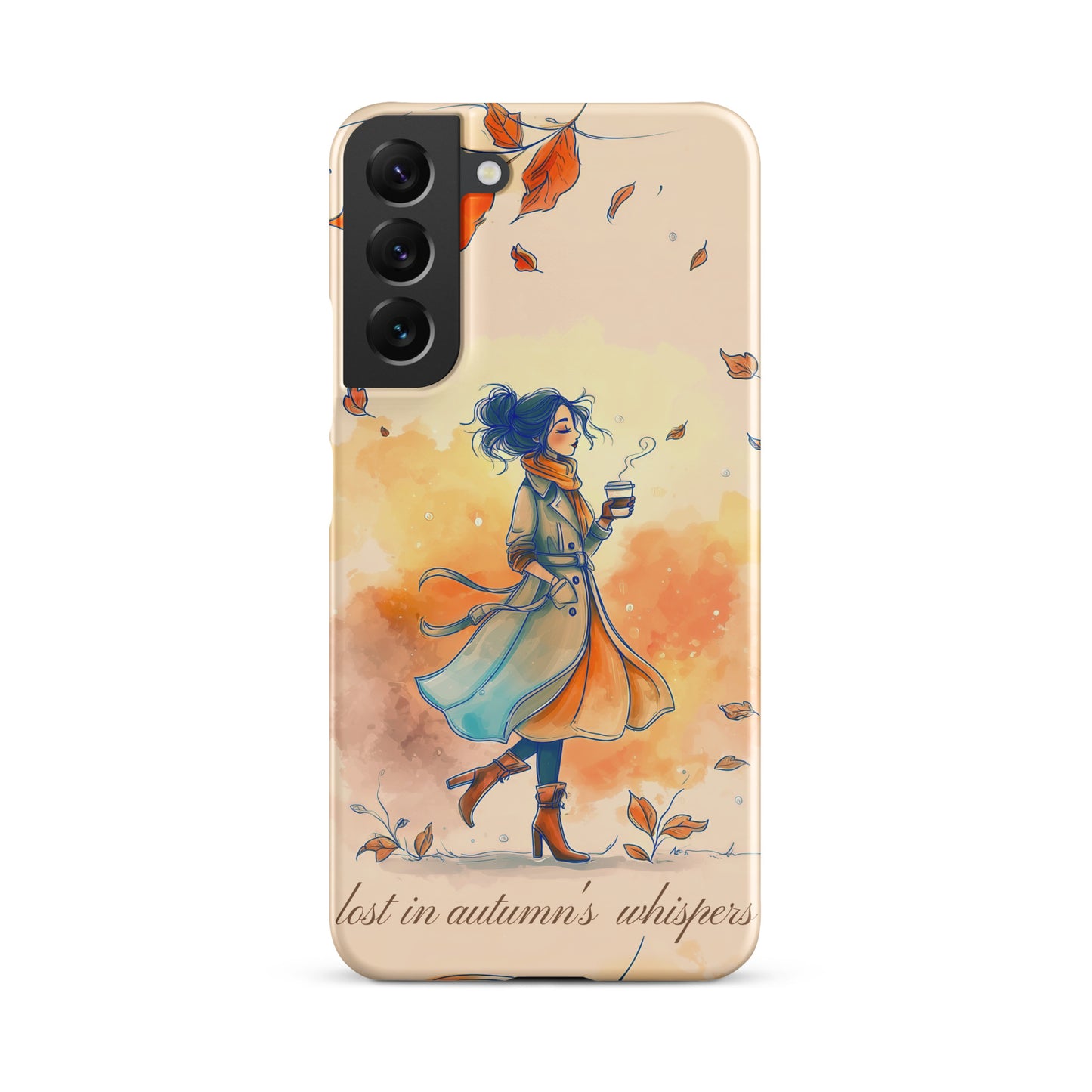 Snap case for Samsung® featuring an artistic illustration of a woman in a long coat carrying a cup of coffee while taking a stroll through a dreamy autumn landscape with falling leaves.
