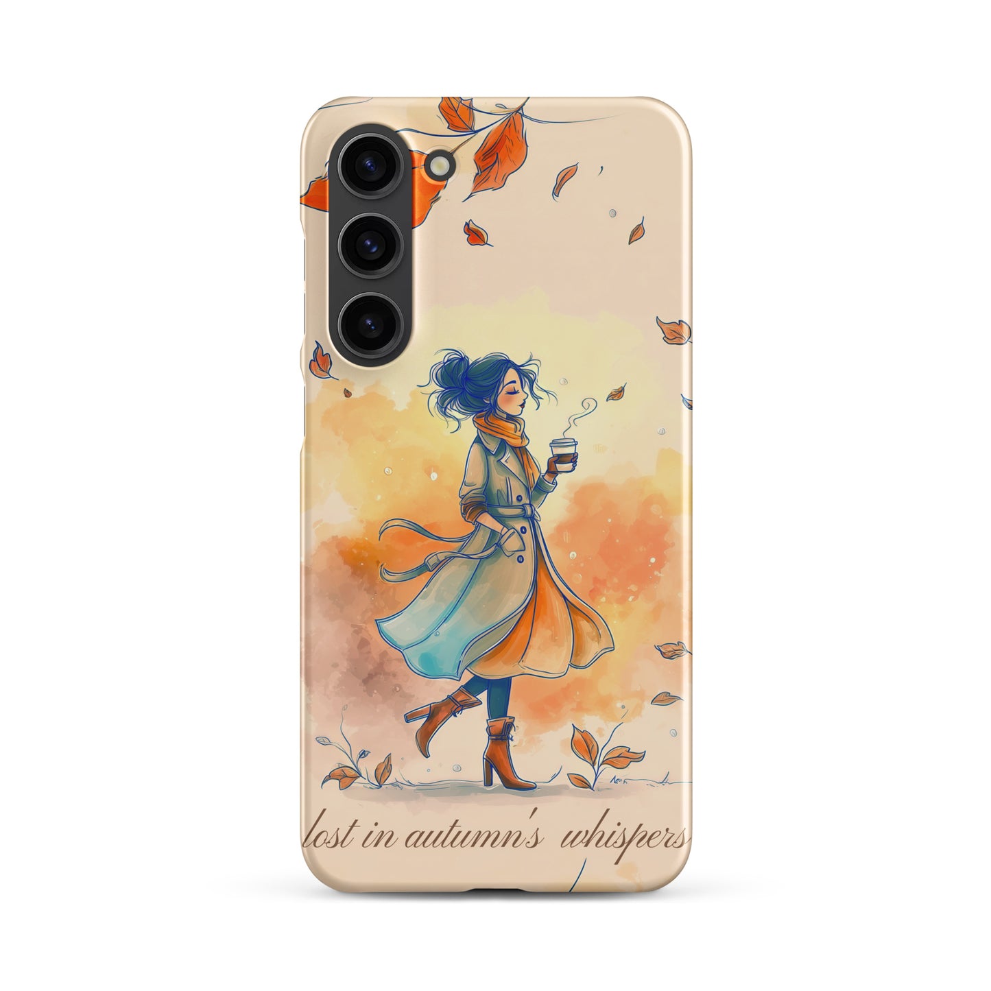 Snap case for Samsung® featuring an artistic illustration of a woman in a long coat carrying a cup of coffee while taking a stroll through a dreamy autumn landscape with falling leaves.