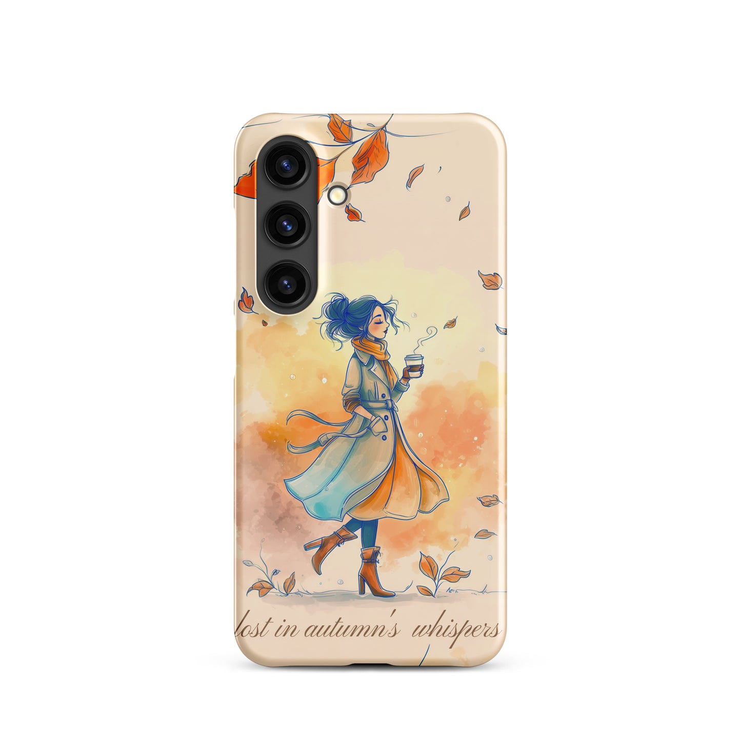Snap case for Samsung® featuring an artistic illustration of a woman in a long coat carrying a cup of coffee while taking a stroll through a dreamy autumn landscape with falling leaves.