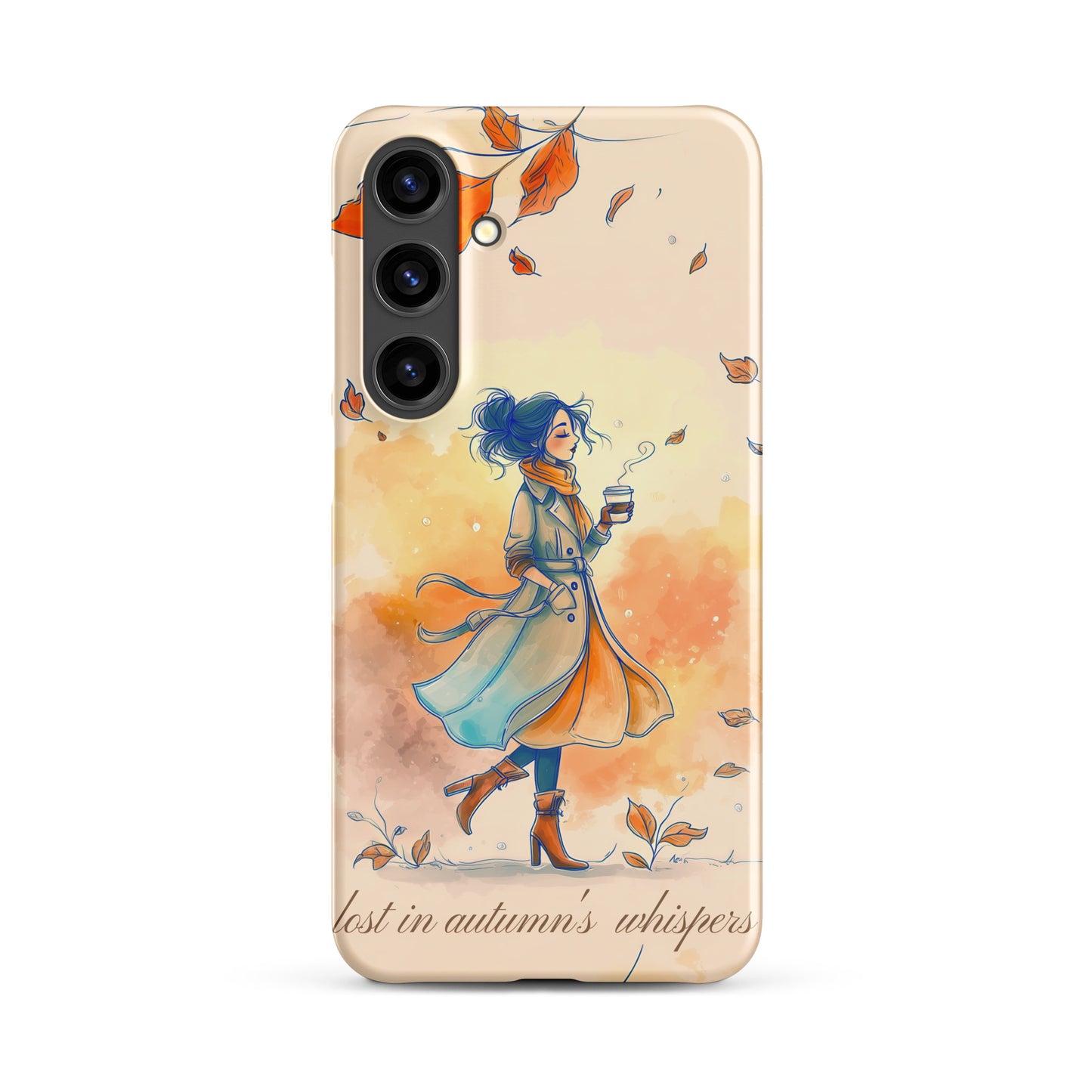 Snap case for Samsung® featuring an artistic illustration of a woman in a long coat carrying a cup of coffee while taking a stroll through a dreamy autumn landscape with falling leaves.