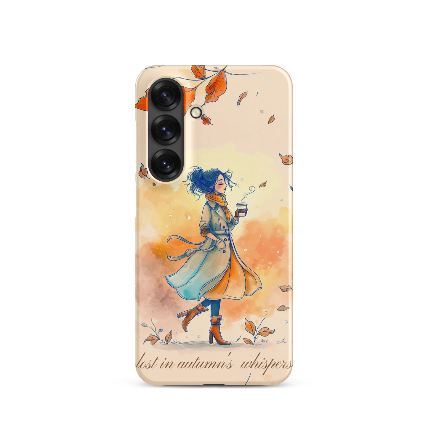 Snap case for Samsung® featuring an artistic illustration of a woman in a long coat carrying a cup of coffee while taking a stroll through a dreamy autumn landscape with falling leaves.