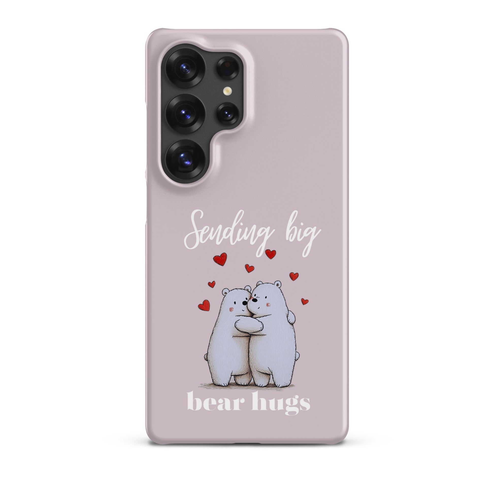 A light pink phone case featuring a cute illustration of two white polar bears hugging, surrounded by small red hearts, with the text 'Sending big bear hugs' printed in white. The case is shown on a clean white background.