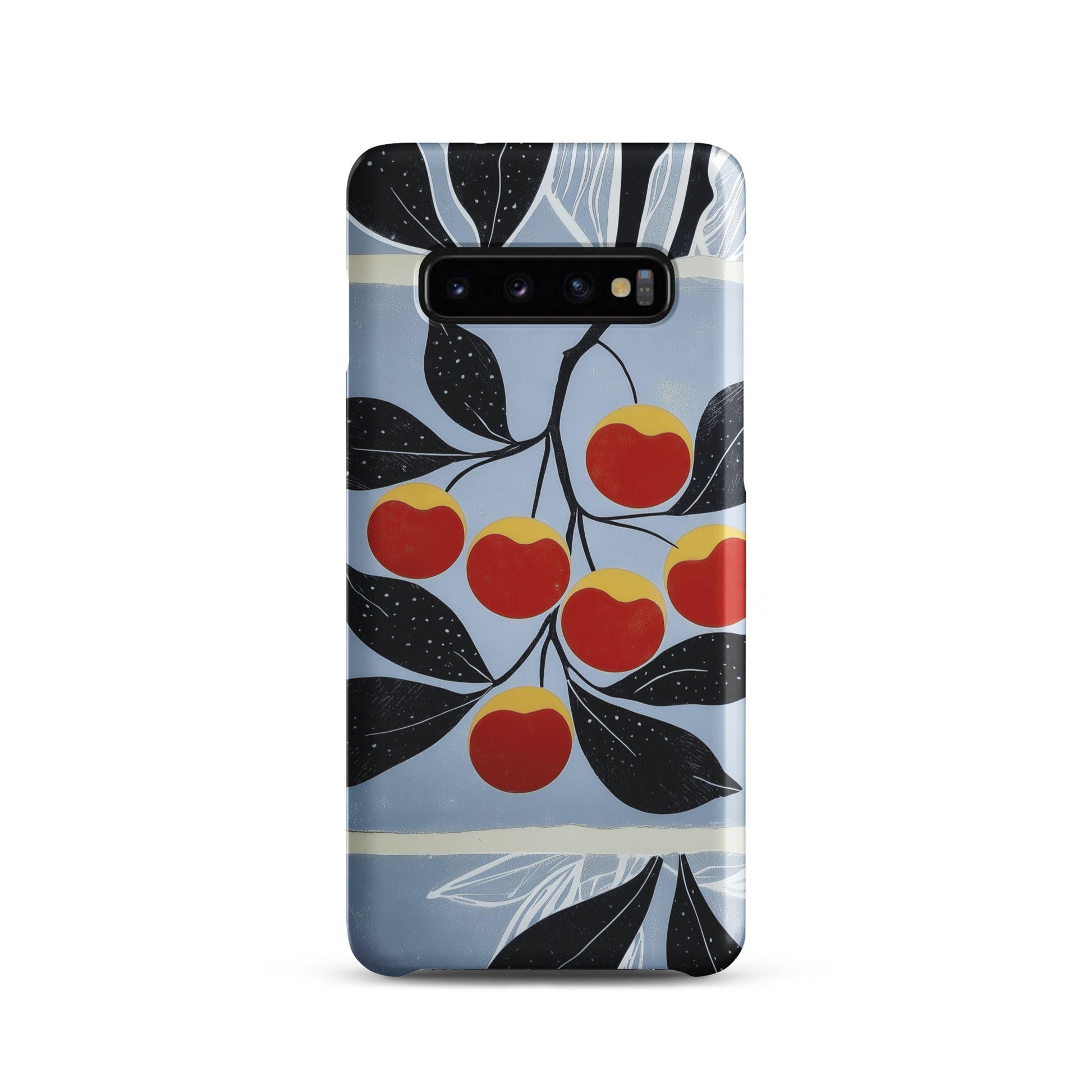 Samsung snap case with cherry design on a blue background by Sweet and Savage. 