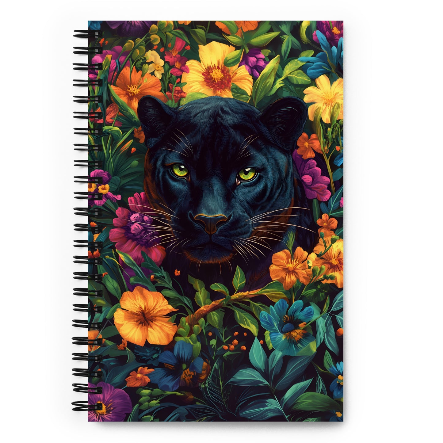 Spiral notebook featuring a colorful, artistic black panther design.
