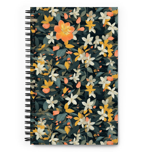 Spiral notebook with a dark background featuring a vibrant pattern of mint leaves and jasmine flowers by Sweet & Savage